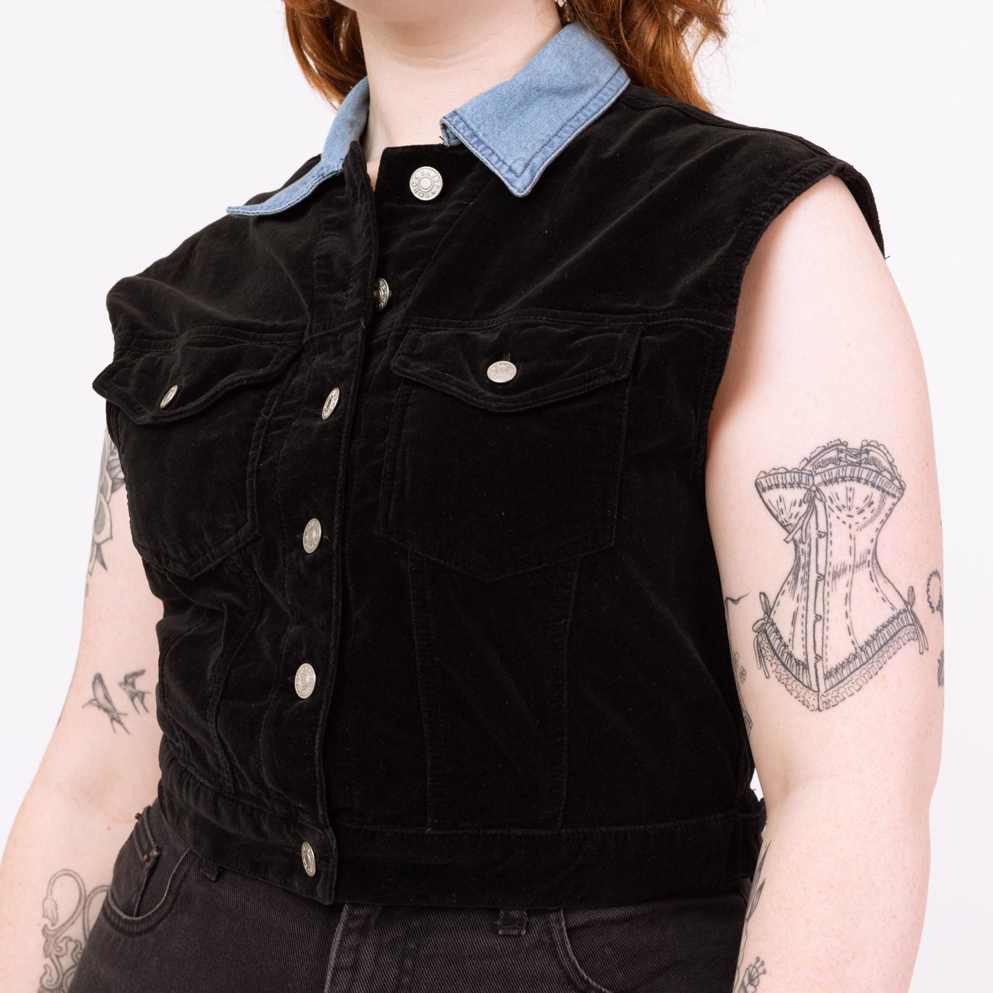 Vintage 90s Black Velvet Crop Top Vest - Large | Grunge Clothing, Sleeveless Denim Collared Shirt
