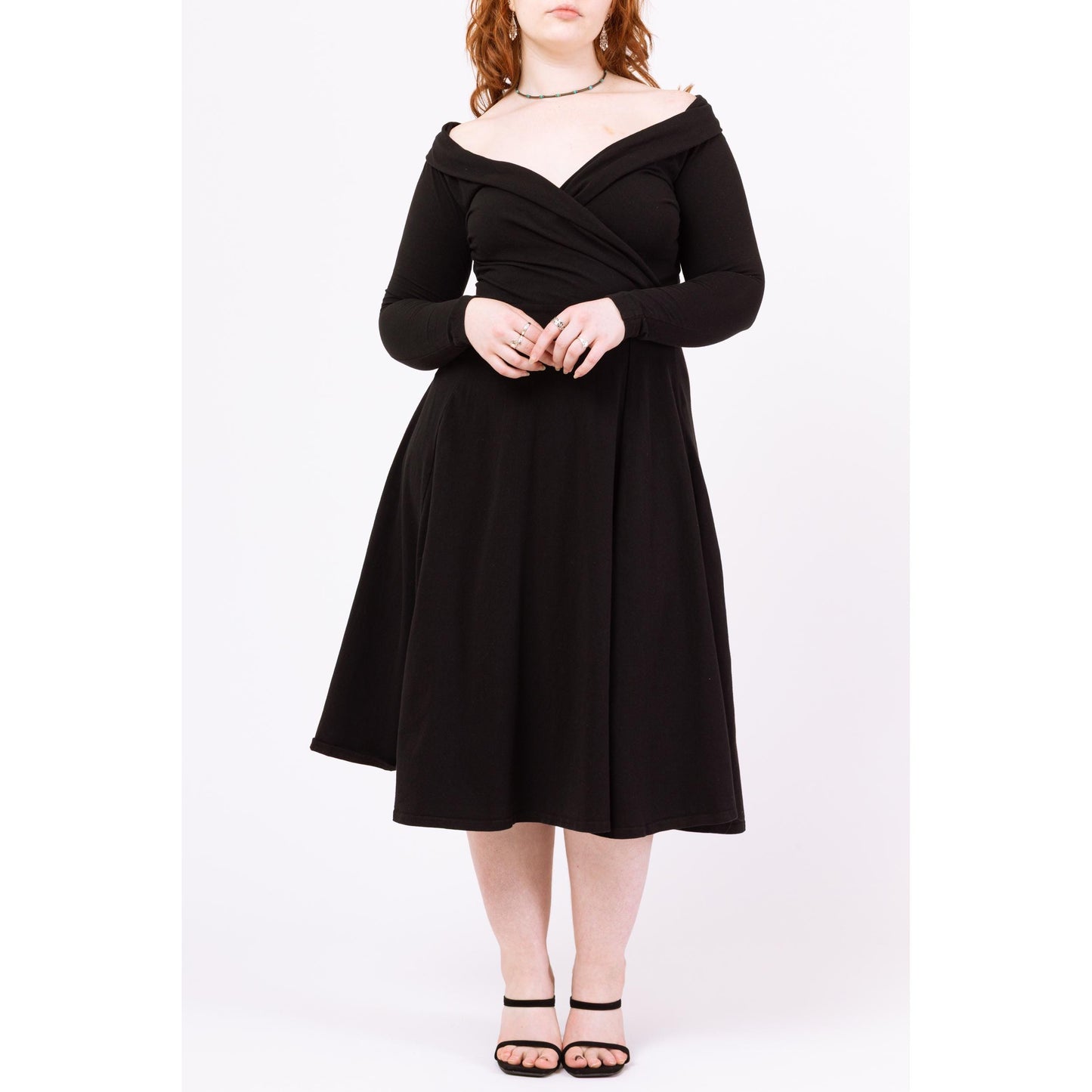 Vintage 90s Black Fit & Flare Off Shoulder Dress - Large | Long Sleeve Cotton Jersey Midi Cocktail Evening Dress