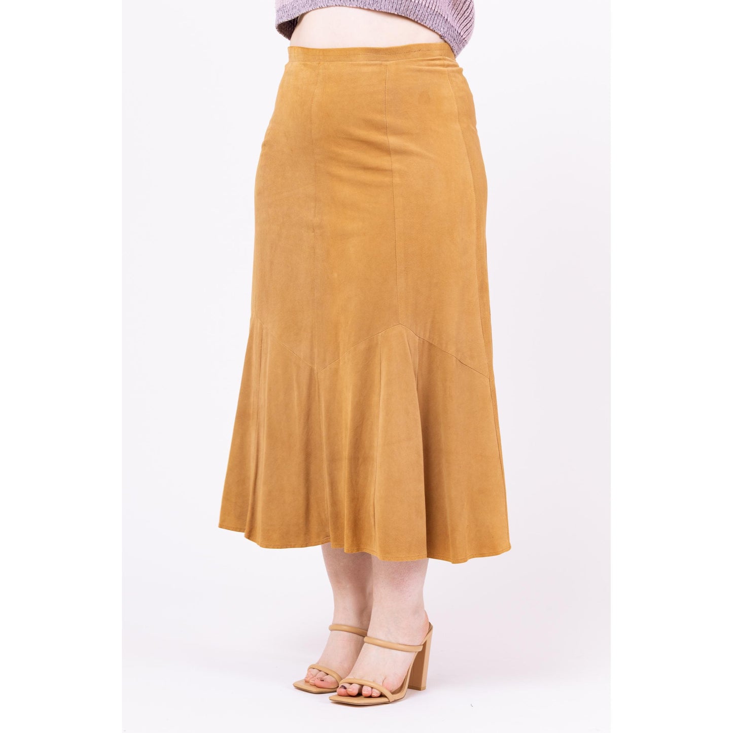 Vintage Y2K Boho Tan Suede Trumpet Hem Maxi Skirt - Large, 32.5" Waist | Overland Outfitters Leather High Waisted Long Western Skirt