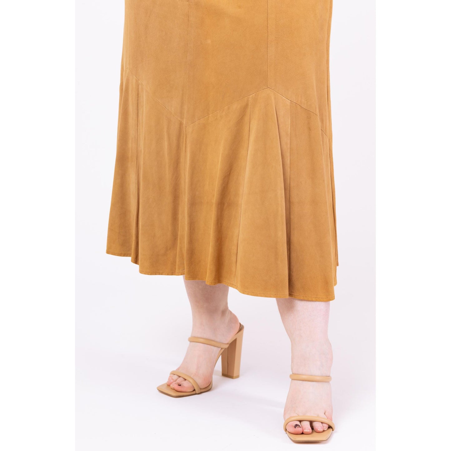 Vintage Y2K Boho Tan Suede Trumpet Hem Maxi Skirt - Large, 32.5" Waist | Overland Outfitters Leather High Waisted Long Western Skirt