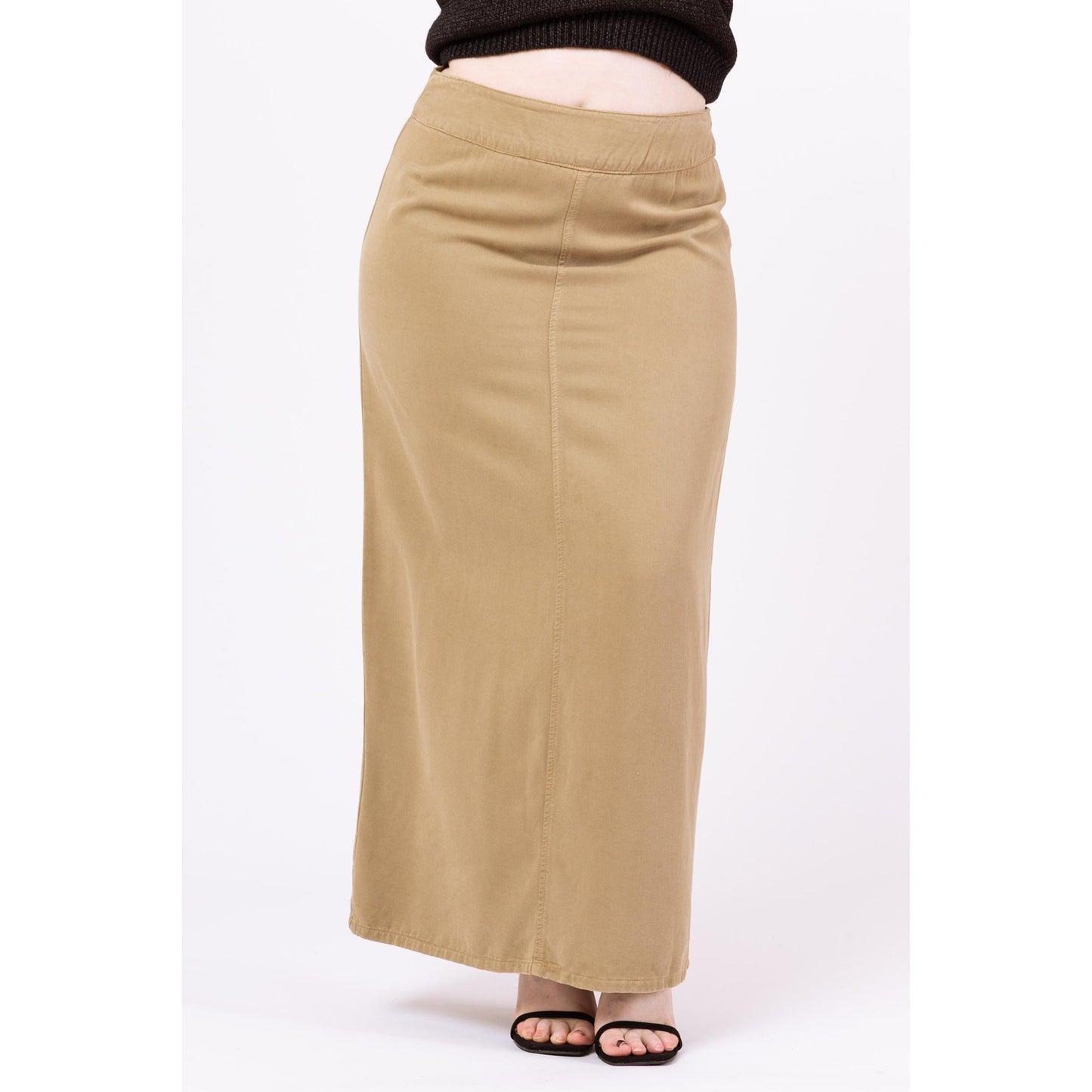 Vintage 90s Minimalist Soft Khaki Maxi Skirt - Large, 33" Waist | High Waisted Long Straight Skirt, Boho Earth Tone Neutral Skirt