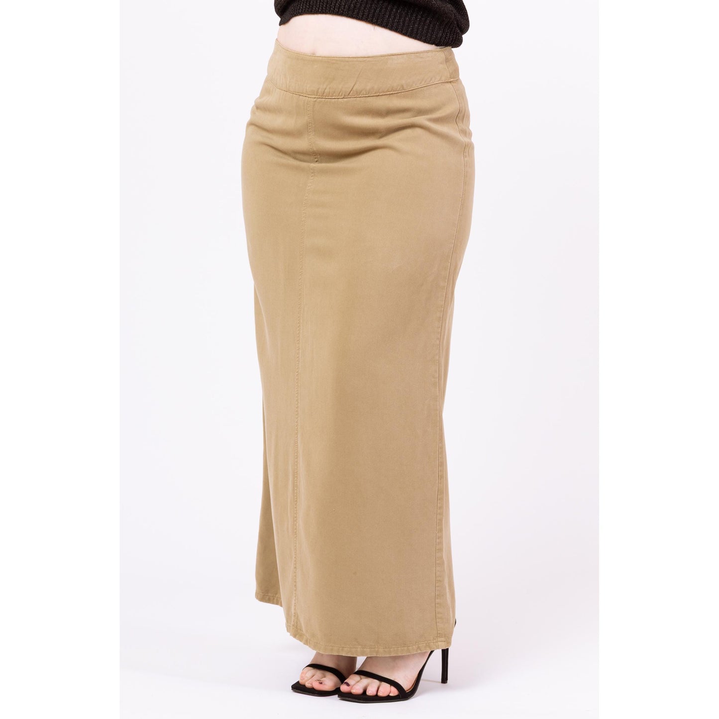 Vintage 90s Minimalist Soft Khaki Maxi Skirt - Large, 33" Waist | High Waisted Long Straight Skirt, Boho Earth Tone Neutral Skirt