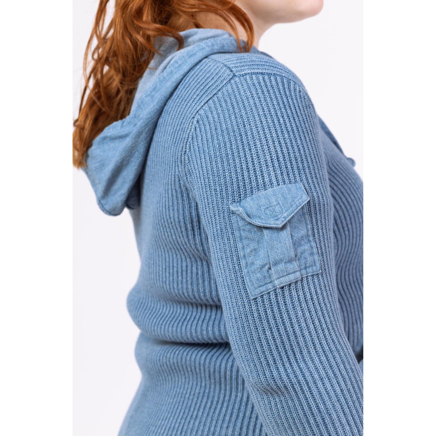 Vintage Y2K Ralph Lauren Dusty Blue Ribbed Knit Hoodie - Medium to Large | Cotton Zip Up Hooded Cardigan, Preppy Sweater Jacket