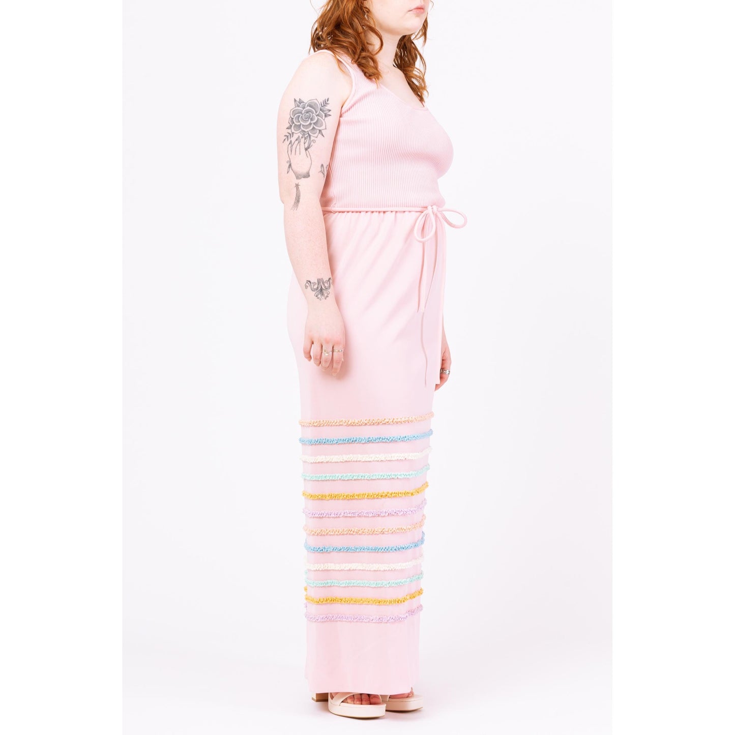 Vintage 70s Pastel Pink Cupcake Ruffle Stripe Maxi Dress - Medium | Retro Sleeveless A Line Easter Party Spring Hostess Gown