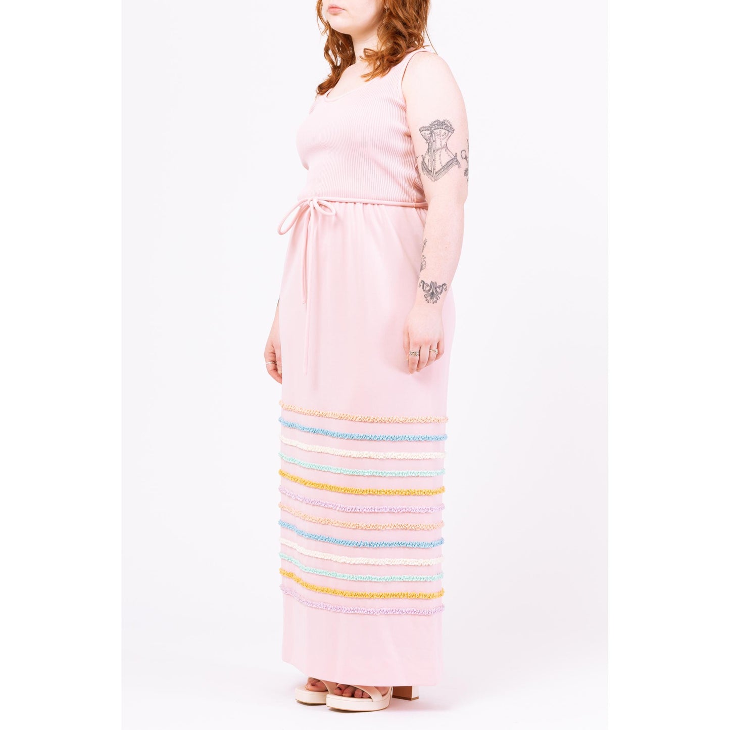 Vintage 70s Pastel Pink Cupcake Ruffle Stripe Maxi Dress - Medium | Retro Sleeveless A Line Easter Party Spring Hostess Gown
