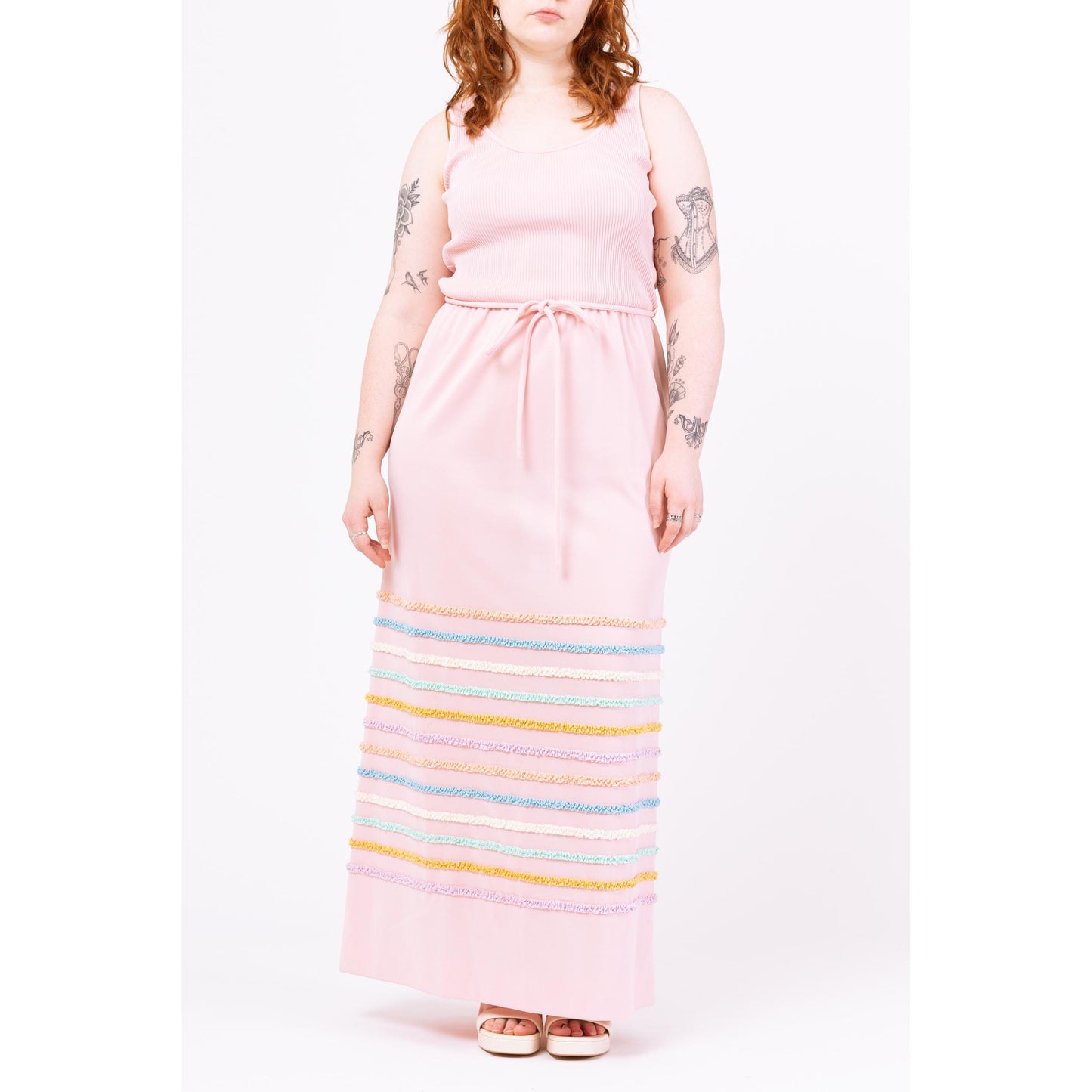 Vintage 70s Pastel Pink Cupcake Ruffle Stripe Maxi Dress - Medium | Retro Sleeveless A Line Easter Party Spring Hostess Gown