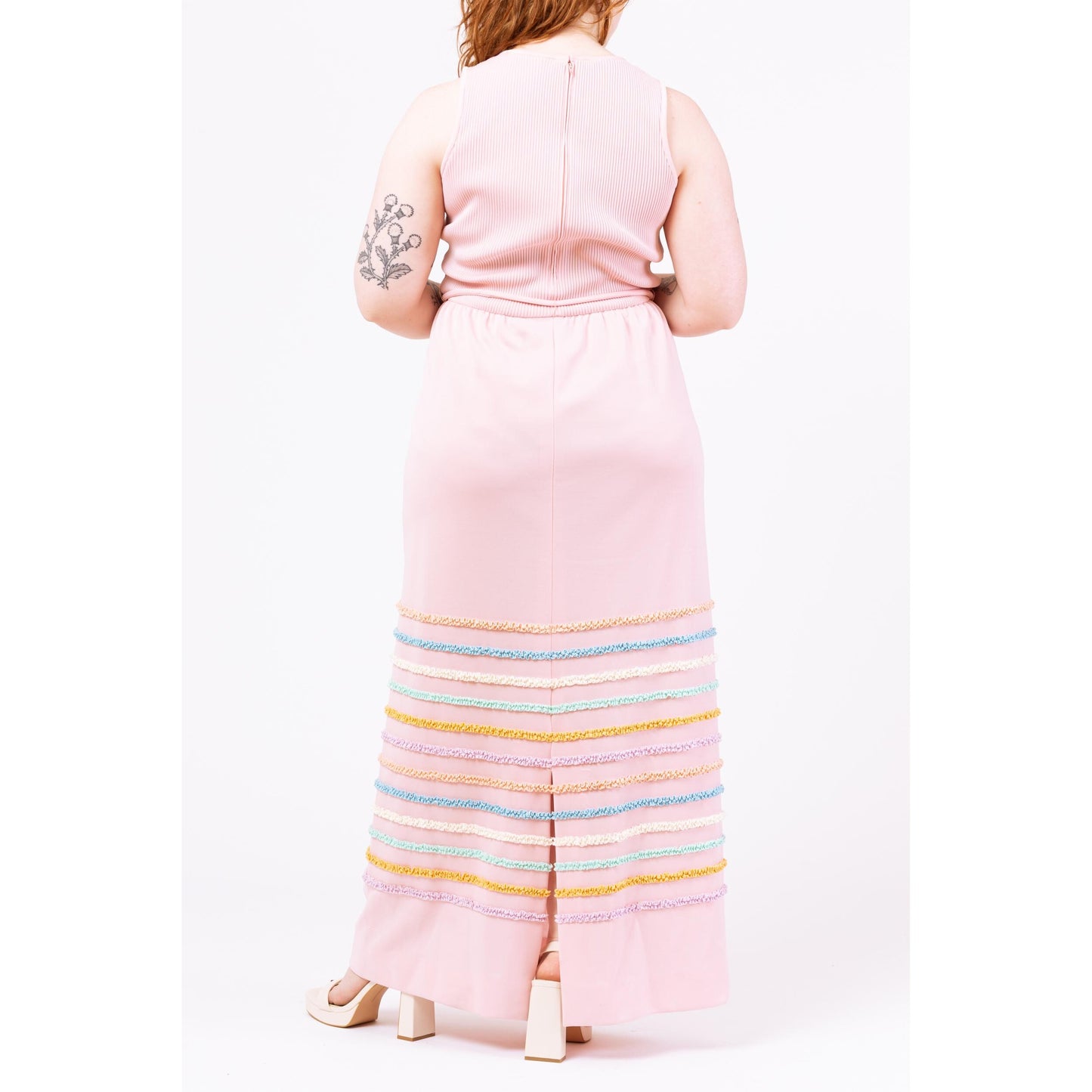 Vintage 70s Pastel Pink Cupcake Ruffle Stripe Maxi Dress - Medium | Retro Sleeveless A Line Easter Party Spring Hostess Gown