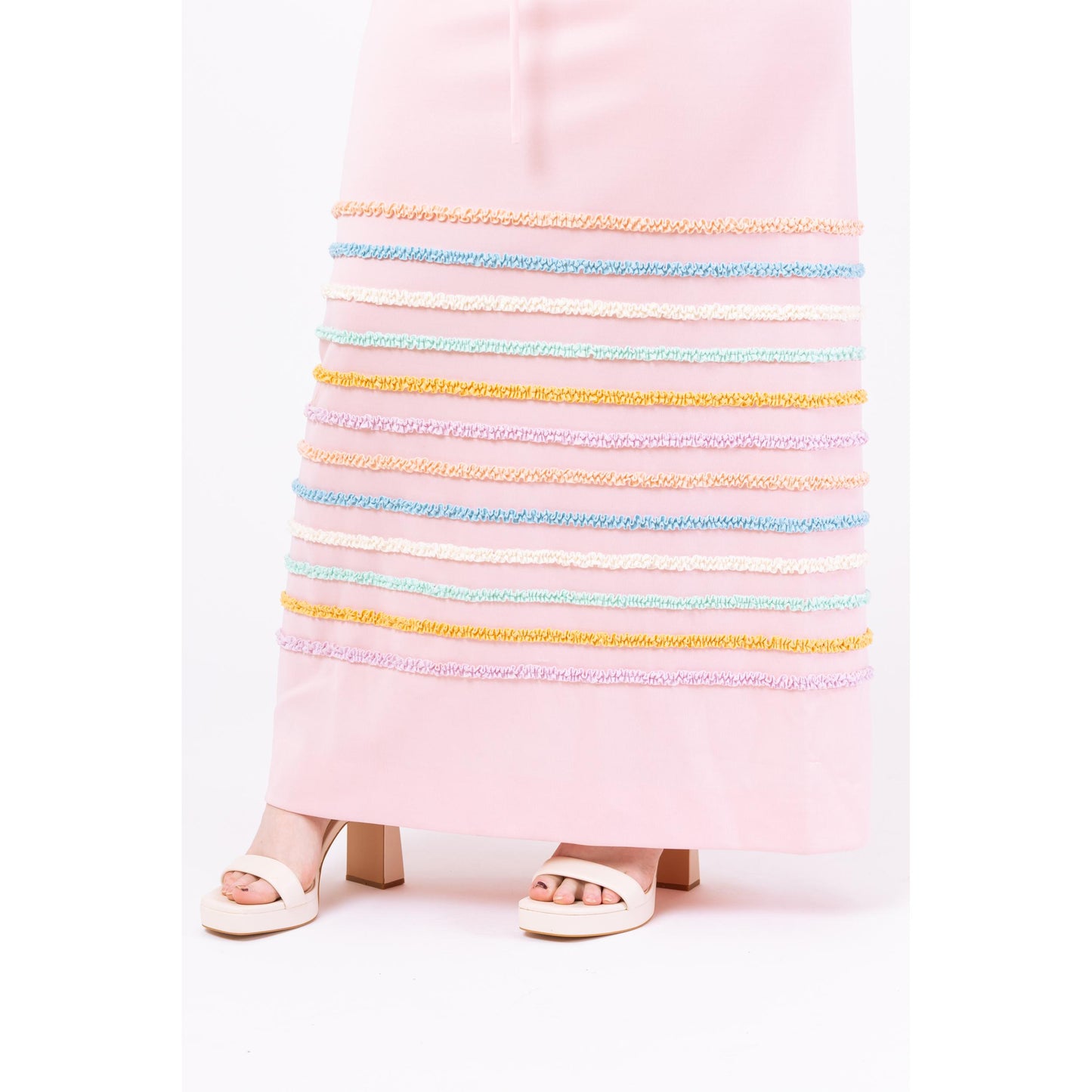 Vintage 70s Pastel Pink Cupcake Ruffle Stripe Maxi Dress - Medium | Retro Sleeveless A Line Easter Party Spring Hostess Gown