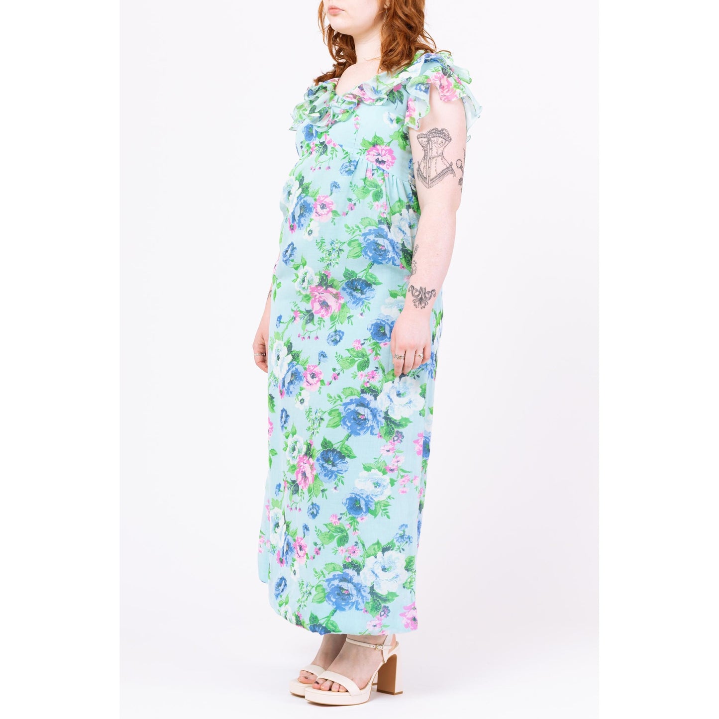 Vintage 70s Boho Blue Floral Flutter Sleeve Maxi Dress - Medium | Toni Lynn Empire Waist Garden Party Dress, Retro Wedding Guest Dress