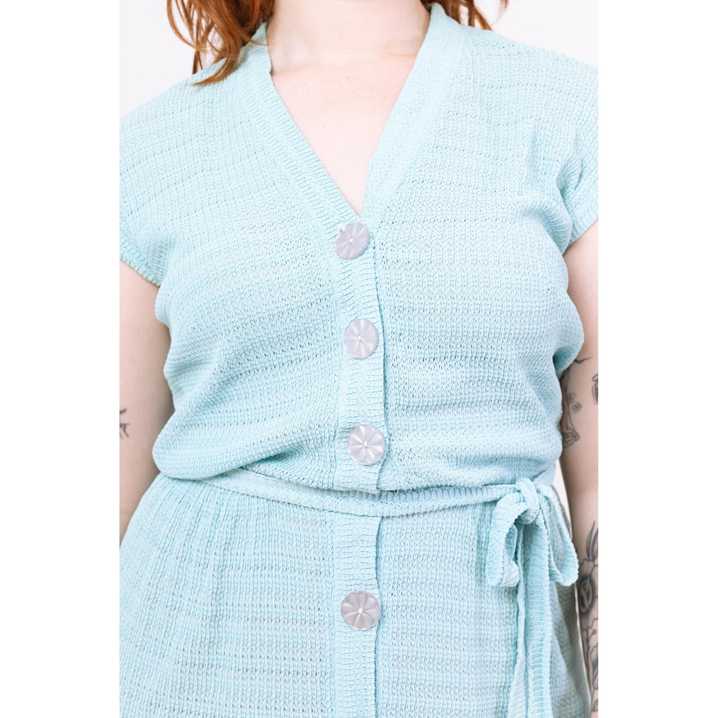 Vintage 1950s Pastel Blue Ribbon Knit Midi Dress - Medium to Large | Retro 50s Cap Sleeve Button Up Shirtwaist Sundress