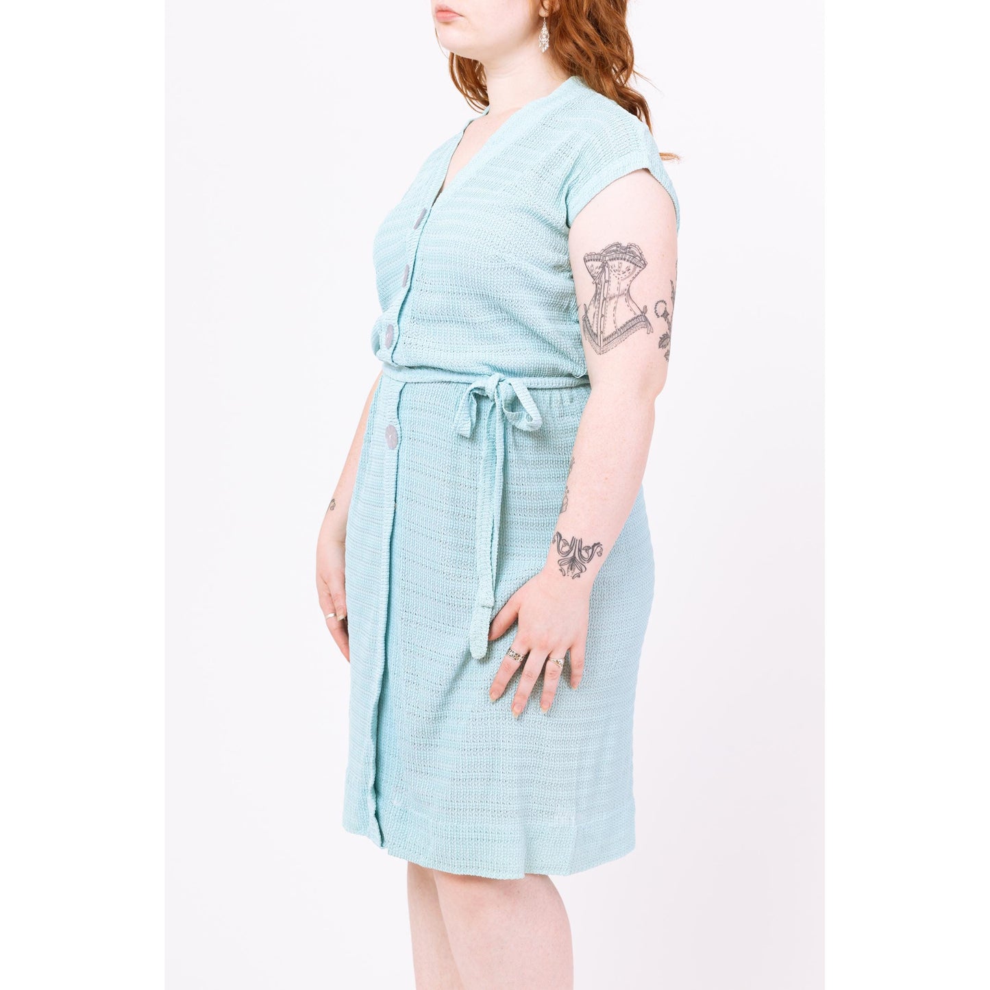 Vintage 1950s Pastel Blue Ribbon Knit Midi Dress - Medium to Large | Retro 50s Cap Sleeve Button Up Shirtwaist Sundress