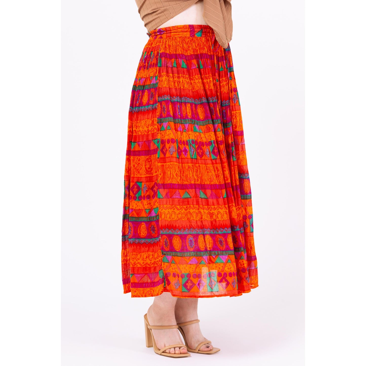 Vintage 90s Boho Orange Geometric Broomstick Skirt - Medium | Boho Gauzy Cotton Hippie Skirt, Long Flowy Skirt