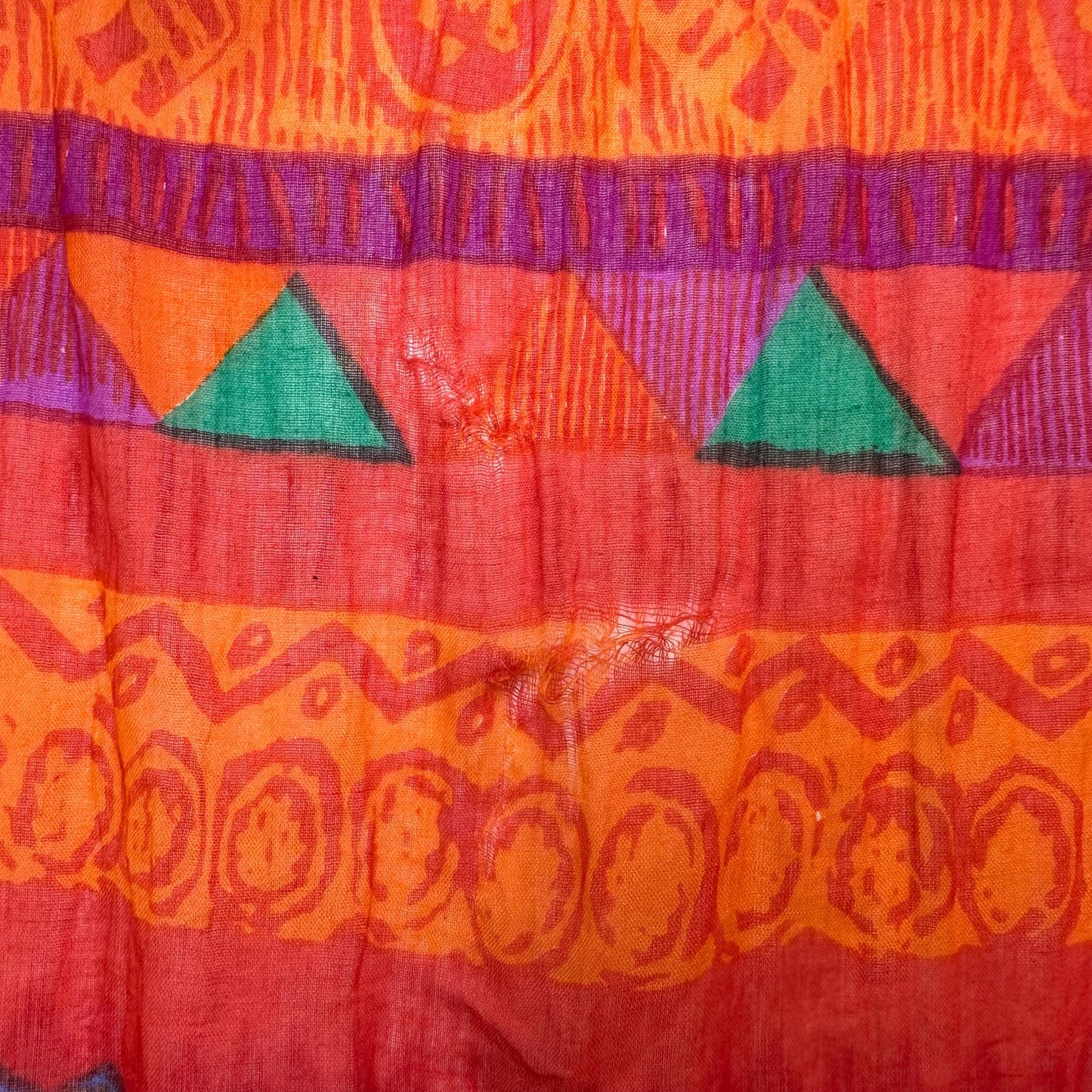 Vintage 90s Boho Orange Geometric Broomstick Skirt - Medium | Boho Gauzy Cotton Hippie Skirt, Long Flowy Skirt