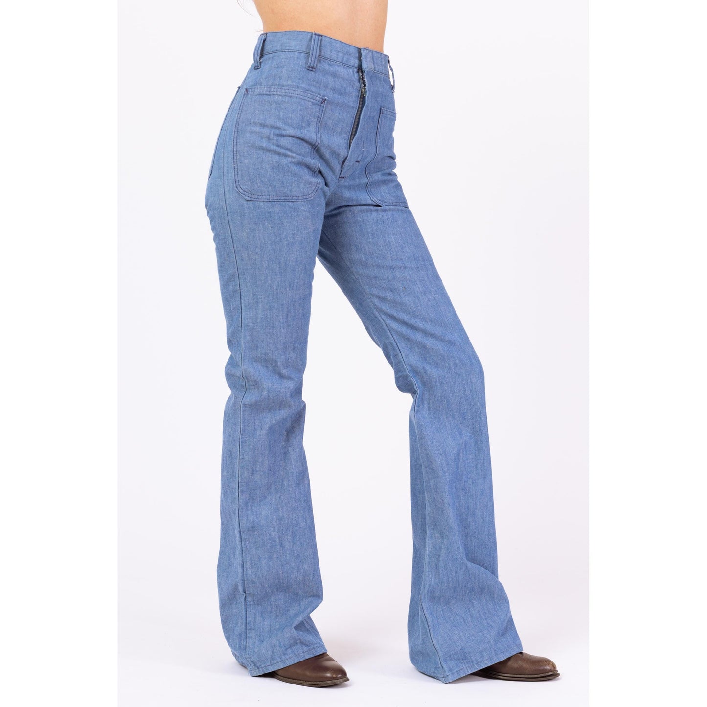Vintage 70s Chambray Flare Sailor Jeans - Extra Small, 26x33 | High Rise Light Blue Cotton Bell Bottom Pants