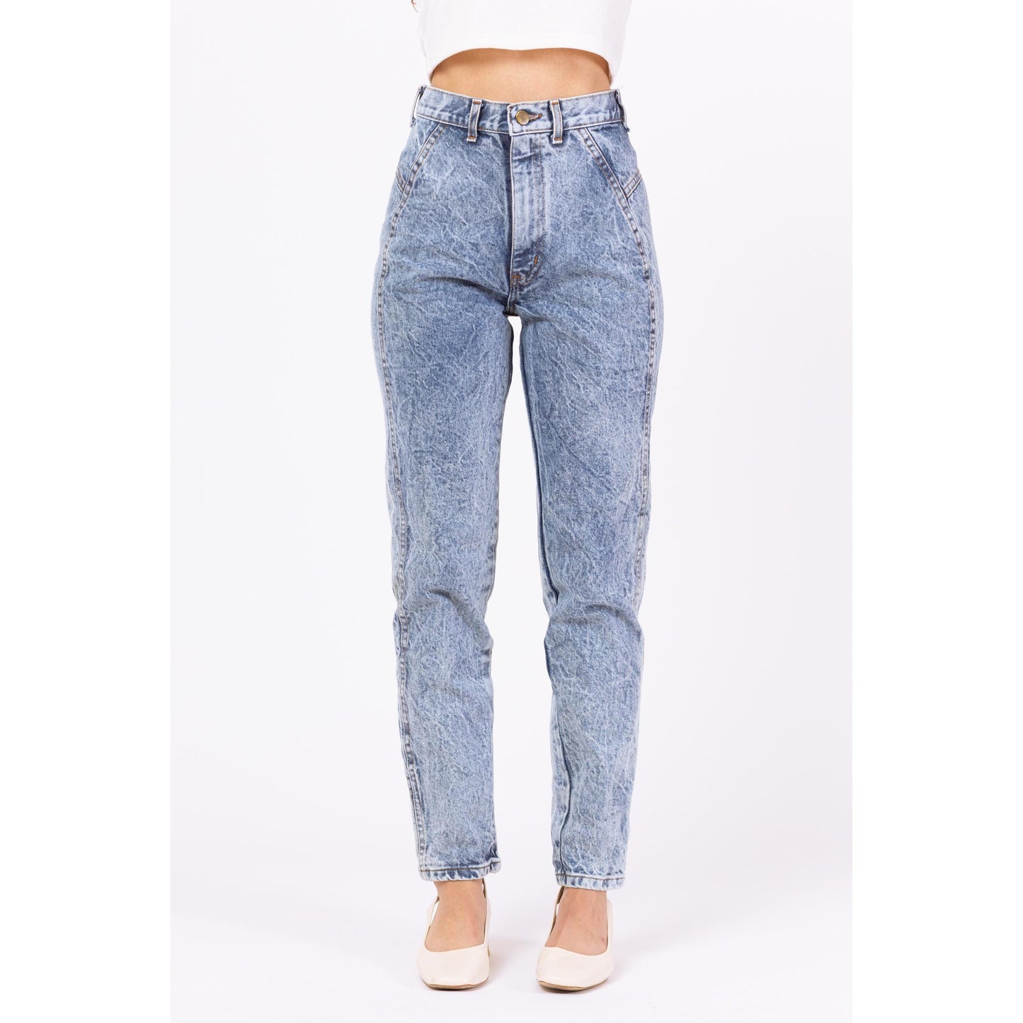 Vintage 80s Chic Acid Wash High Waist Jeans - Extra Small, 25" Waist | Light Wash Tapered Leg Denim Skinny Streetwear Jeans