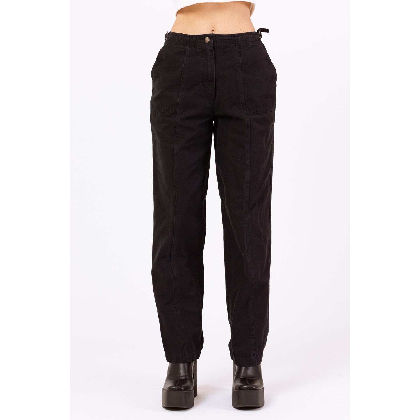 Vintage 90s Black Cinched Waist Cargo Pants - Extra Small, 24"-25" Waist | High Rise Adjustable Utility Cotton Streetwear Pants