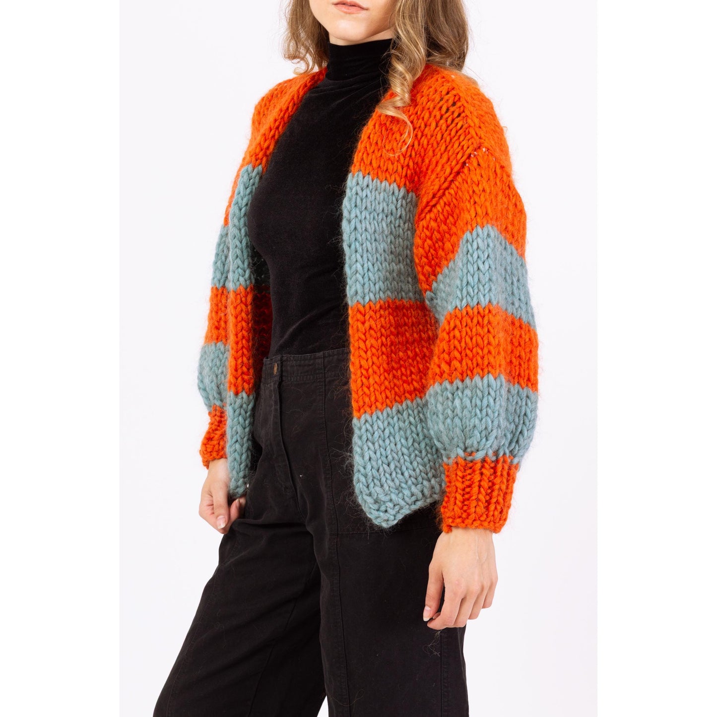 Vintage 70s Striped Chunky Knit Balloon Sleeve Cardigan - Petite Small | Handmade Orange & Blue Open Fit Wool Sweater