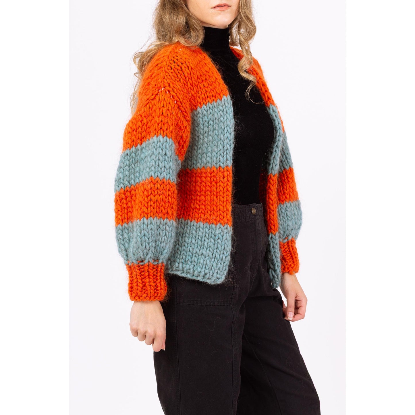Vintage 70s Striped Chunky Knit Balloon Sleeve Cardigan - Petite Small | Handmade Orange & Blue Open Fit Wool Sweater