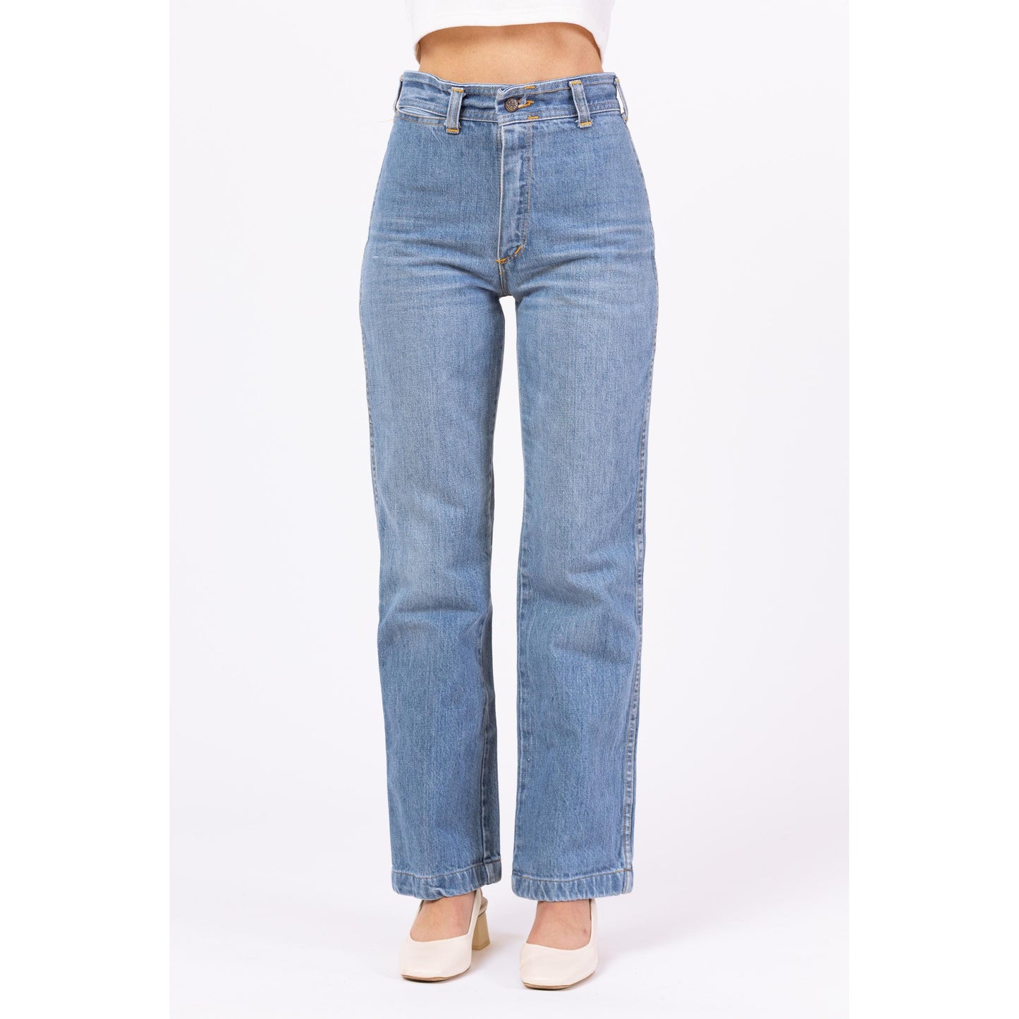 Vintage 70s Shooting Star Light Wash Straight Leg Jeans - Extra Small, 25" Waist | Embroidered High Rise Denim Mom Jeans