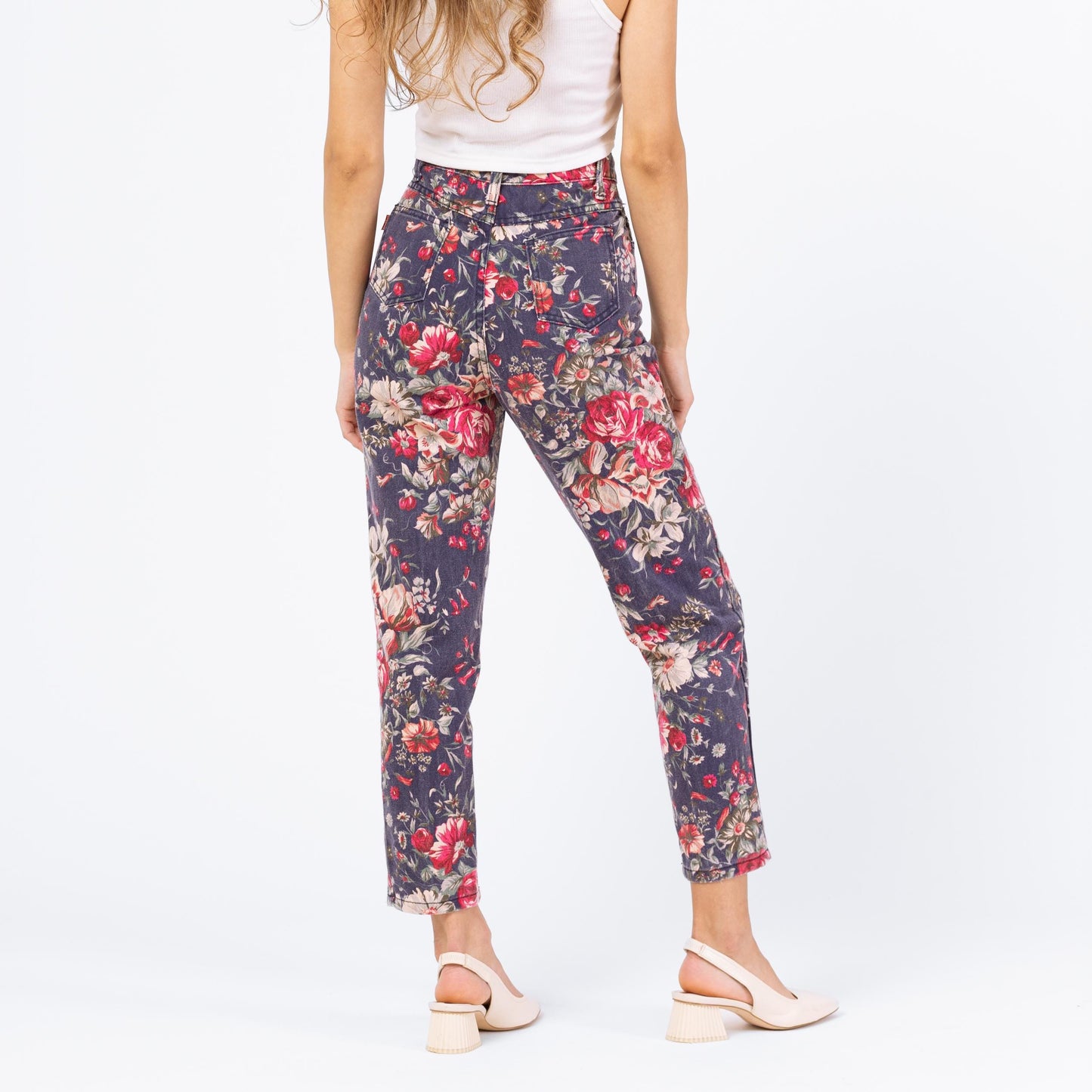 Vintage 90s Rose Print High Rise Jeans - XXS, 23" Waist | Navy Blue Floral Denim Pants, Tapered Leg Mom Jeans