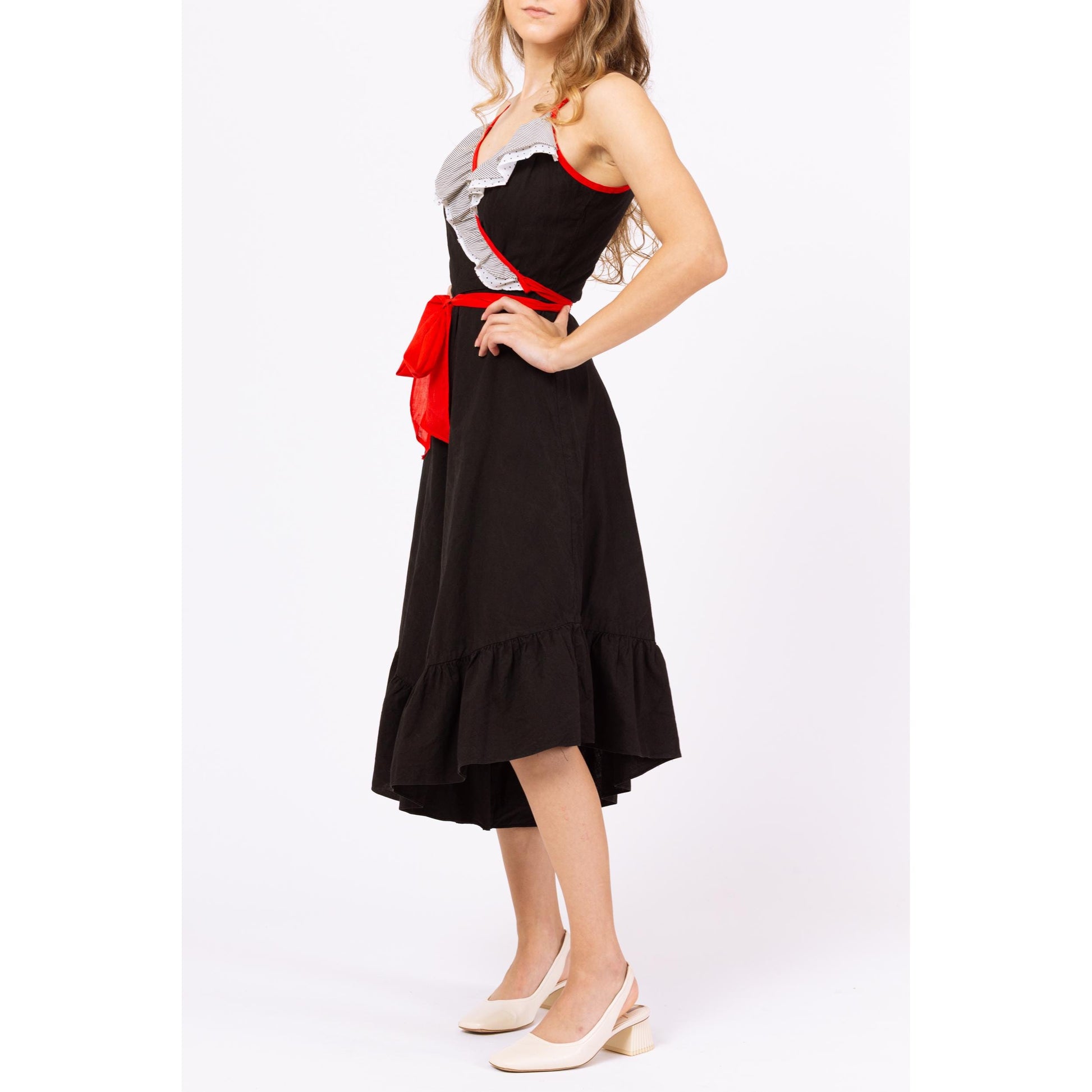 Vintage 70s Black Culotte Romper - XXS | Wrap Wide Leg Beach Pajamas, Retro Resort Wear, Ruffle Summer Capri Jumpsuit