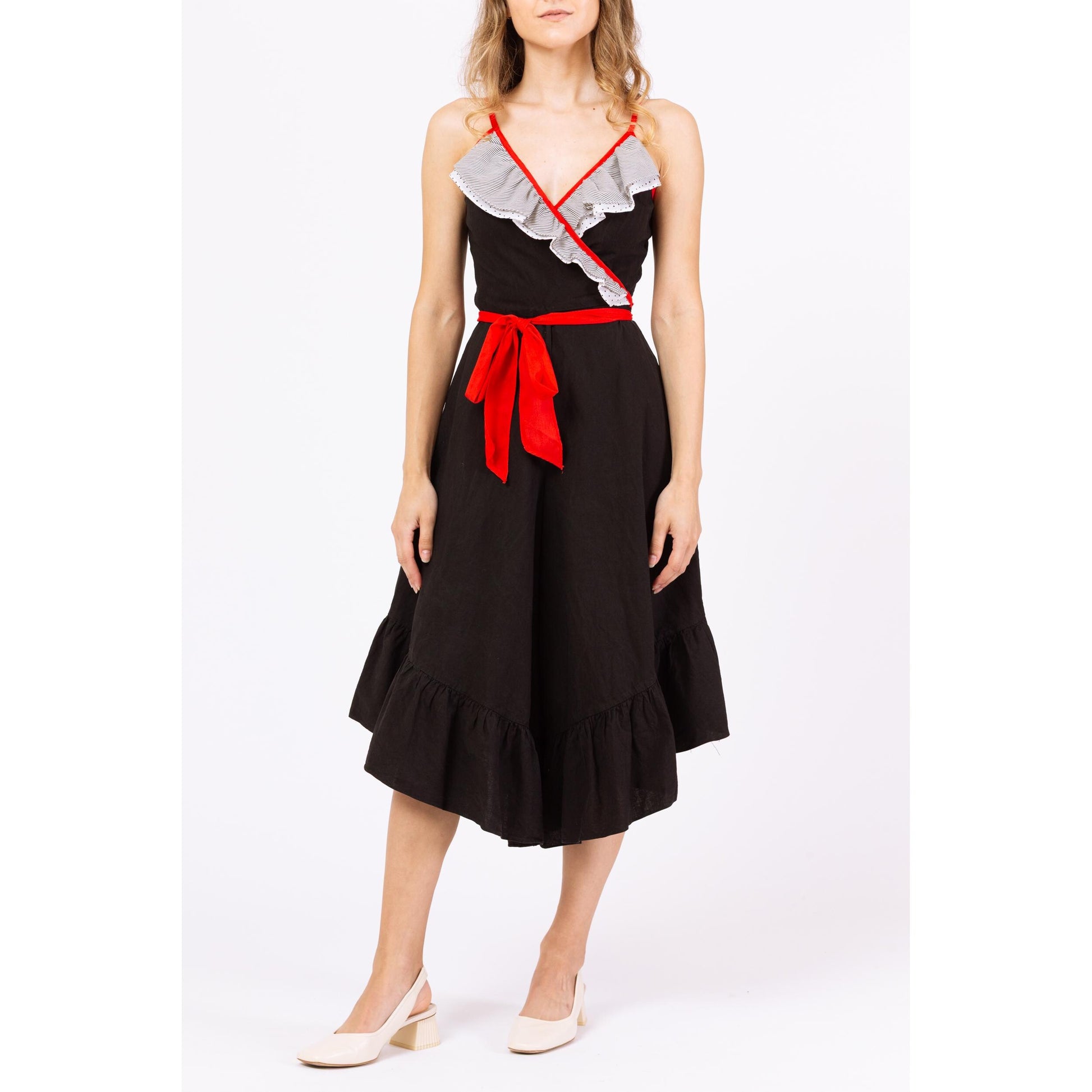 Vintage 70s Black Culotte Romper - XXS | Wrap Wide Leg Beach Pajamas, Retro Resort Wear, Ruffle Summer Capri Jumpsuit