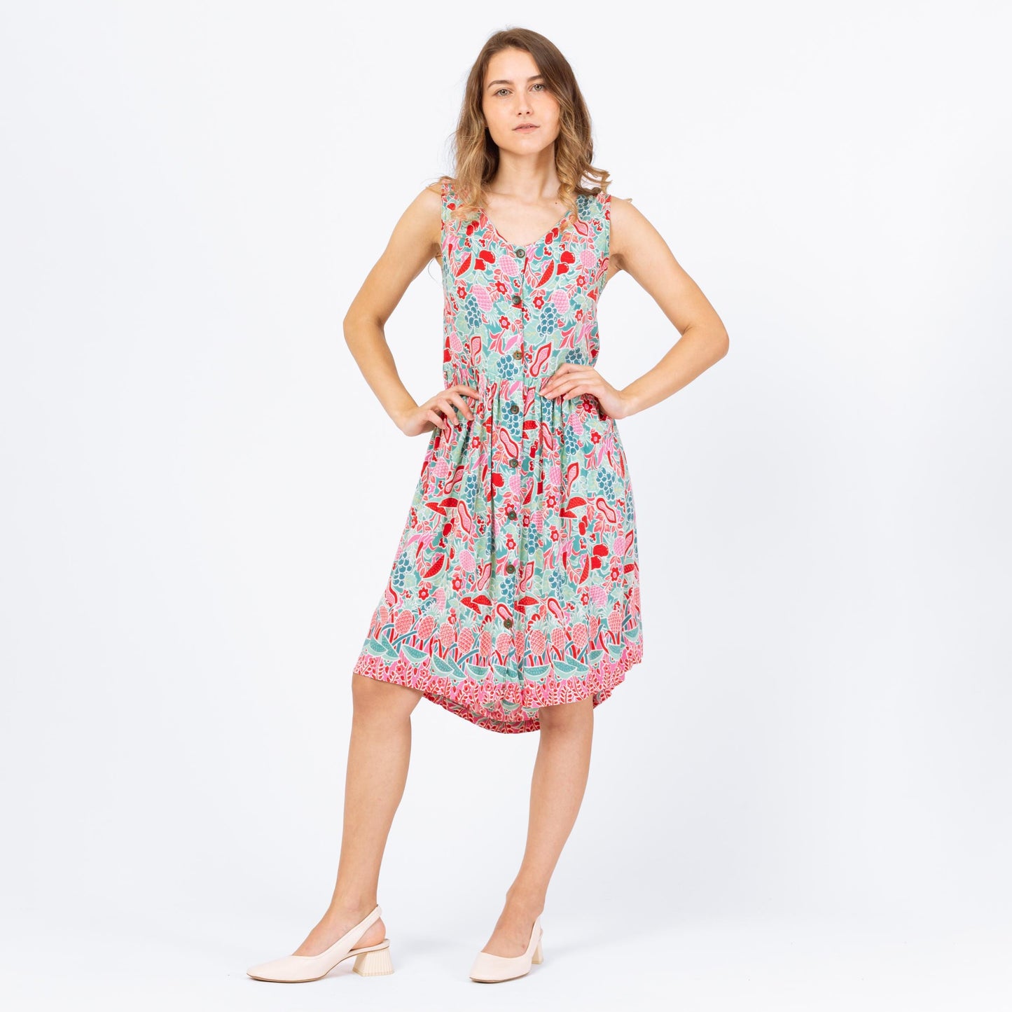 Vintage Y2K Fruit Print Sundress - XXS | Button Front Sleeveless Summer Dress, Boho Casual Festival Outfit