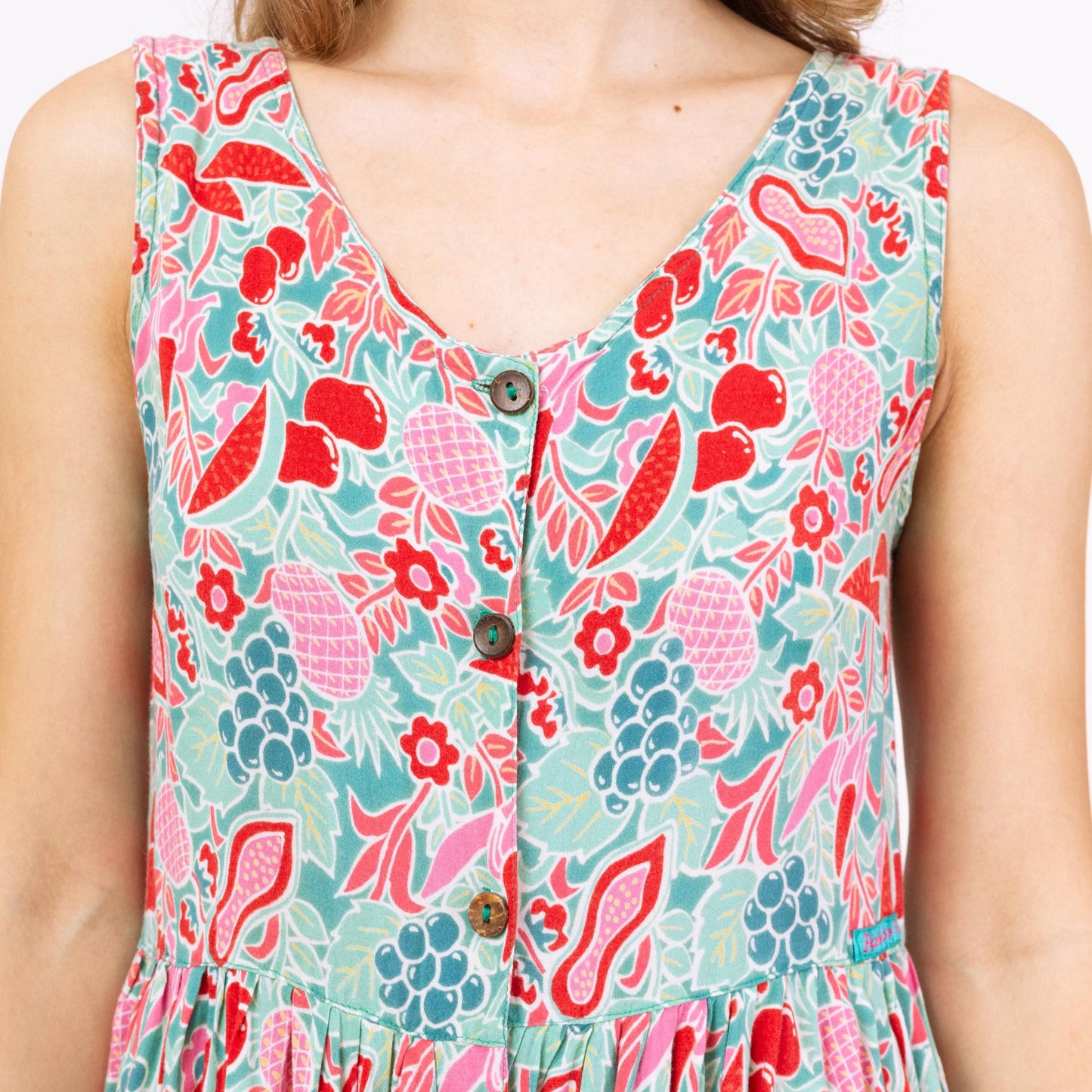 Vintage Y2K Fruit Print Sundress - XXS | Button Front Sleeveless Summer Dress, Boho Casual Festival Outfit