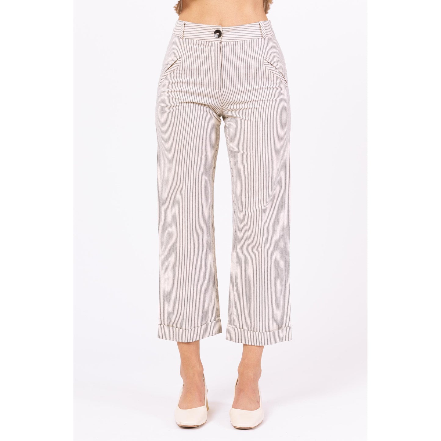 Vintage 90s White & Black Pinstripe Pants - XXS | Straight Leg Mid Rise Trousers, Minimalist Striped Business Casual Outfit