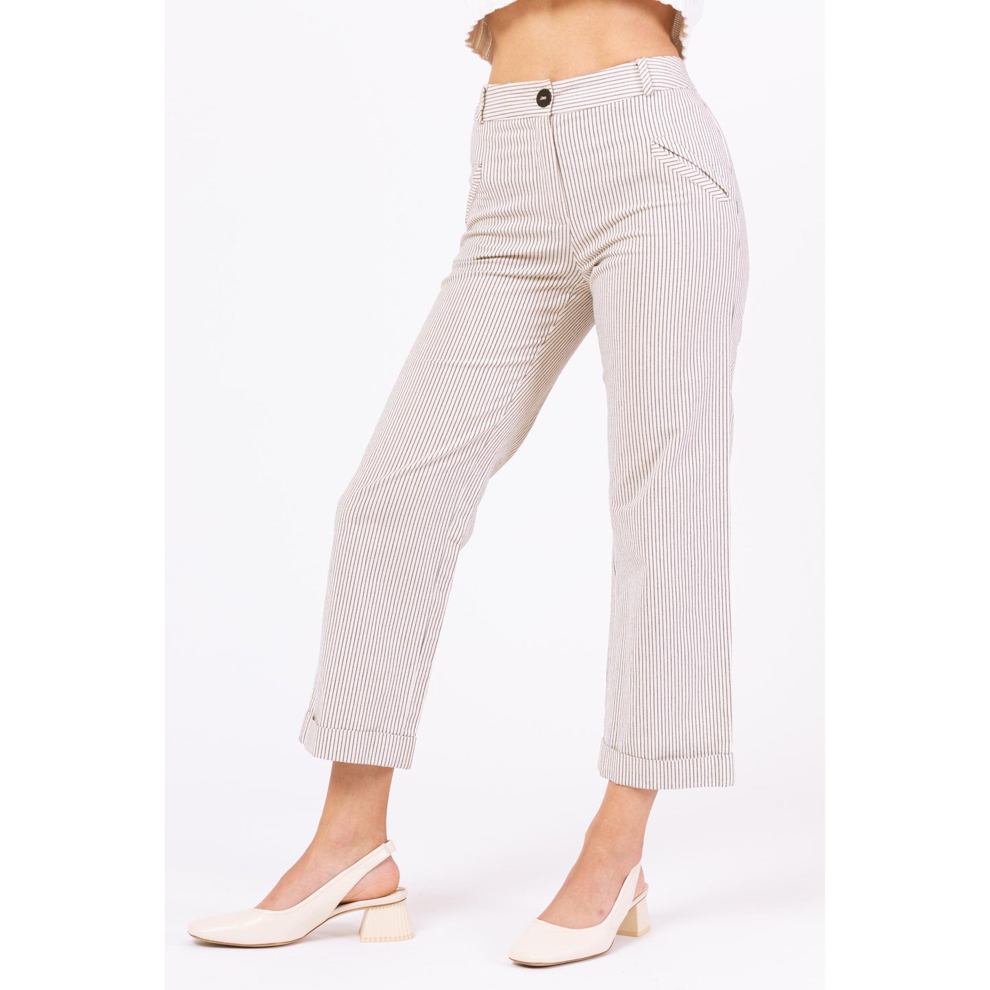 Vintage 90s White & Black Pinstripe Pants - XXS | Straight Leg Mid Rise Trousers, Minimalist Striped Business Casual Outfit
