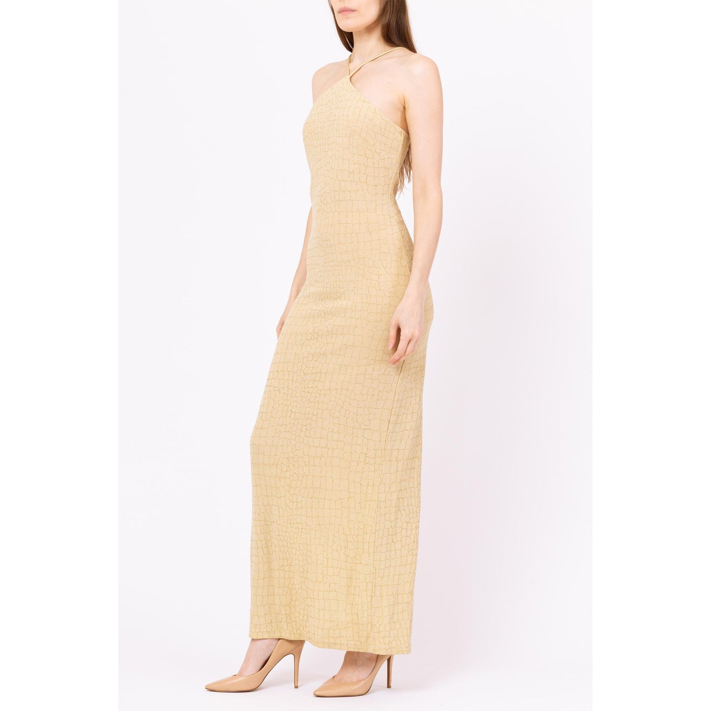 Vintage 90s Cache Gold Metallic Mosaic Maxi Dress - Small | Formal Sparkle Evening Gown, Slinky Sleeveless Wedding Guest Dress Dress