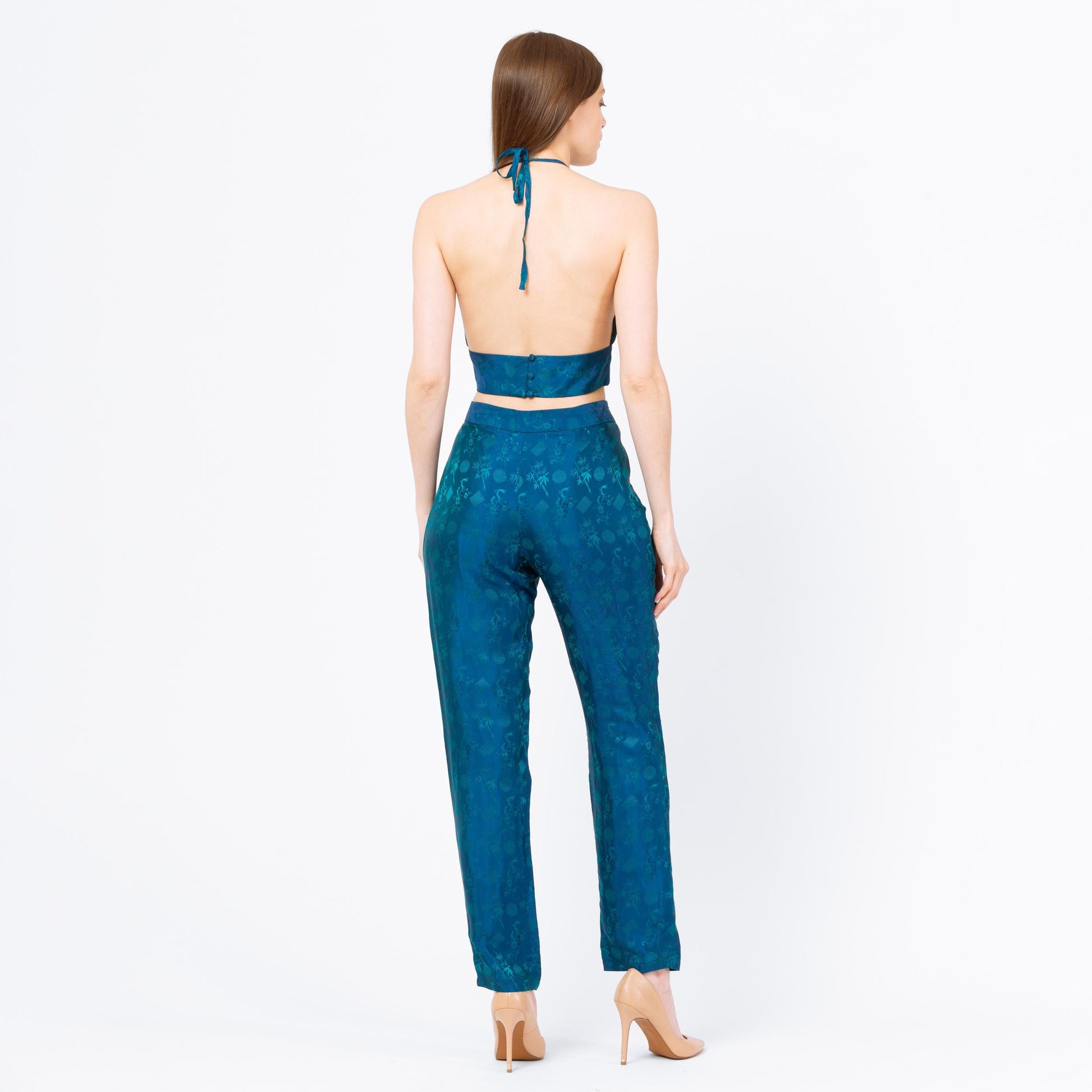 Vietnamese Teal Silk Jacquard Halter Top & Pants Set - Medium | Vintage Matching Two Piece Outfit, Formal Crop Top Trouser Pantsuit