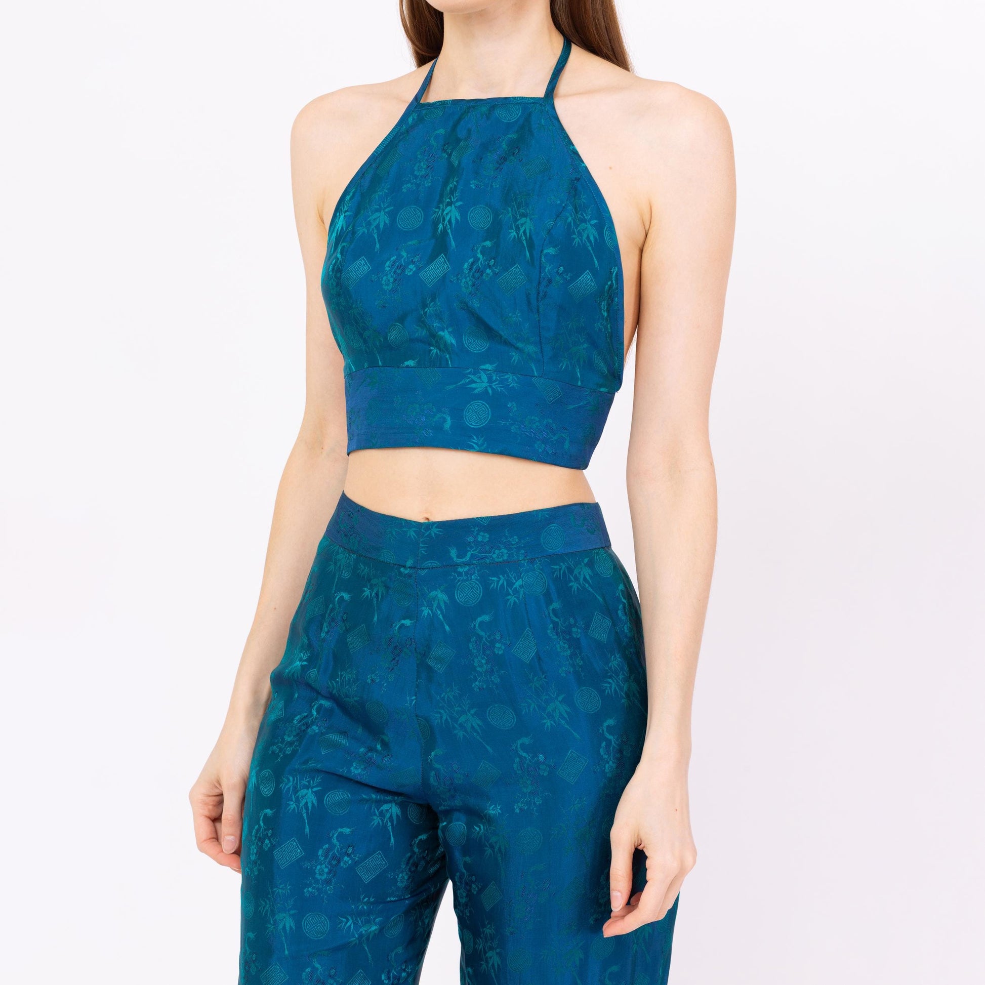 Vietnamese Teal Silk Jacquard Halter Top & Pants Set - Medium | Vintage Matching Two Piece Outfit, Formal Crop Top Trouser Pantsuit