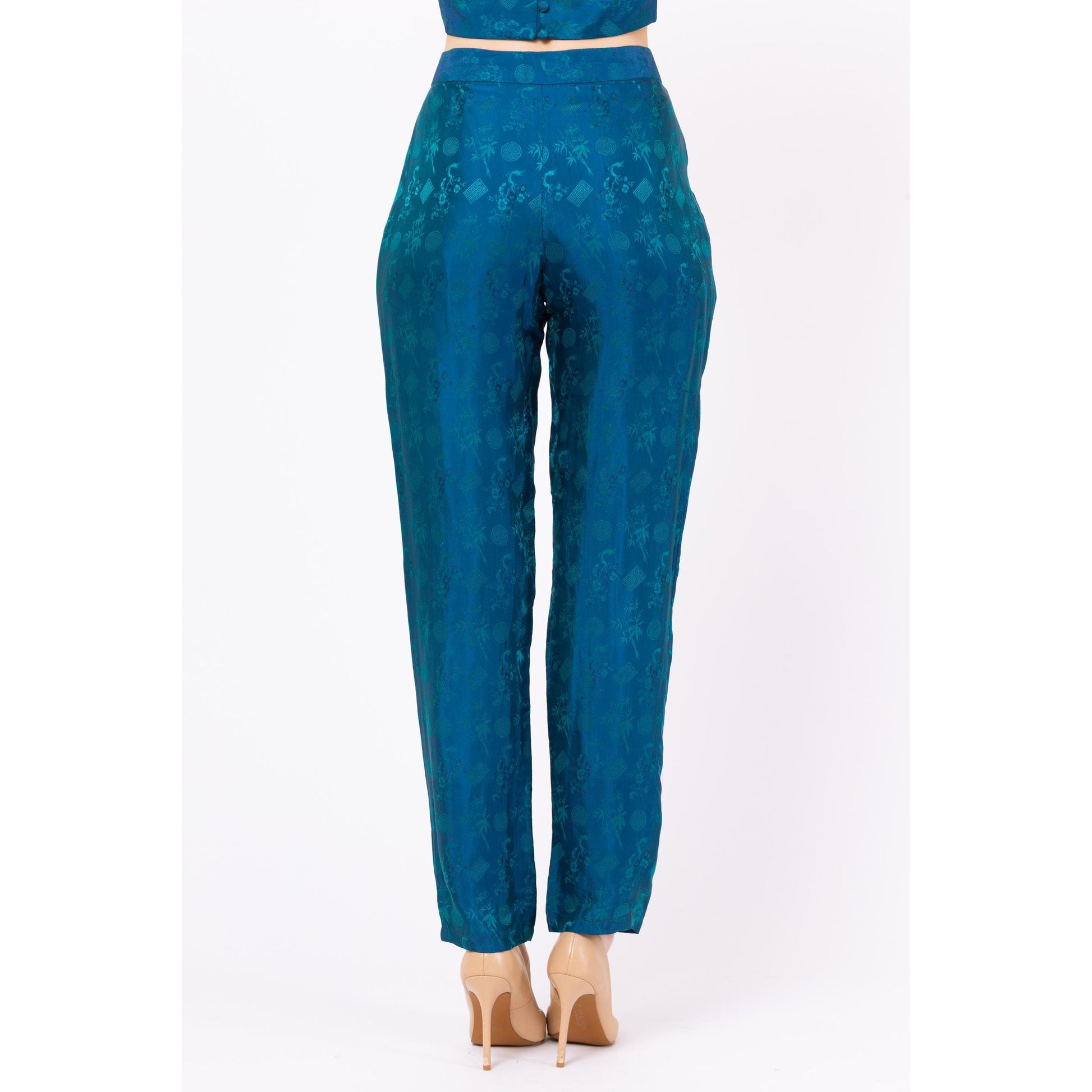 Vietnamese Teal Silk Jacquard Halter Top & Pants Set - Medium | Vintage Matching Two Piece Outfit, Formal Crop Top Trouser Pantsuit