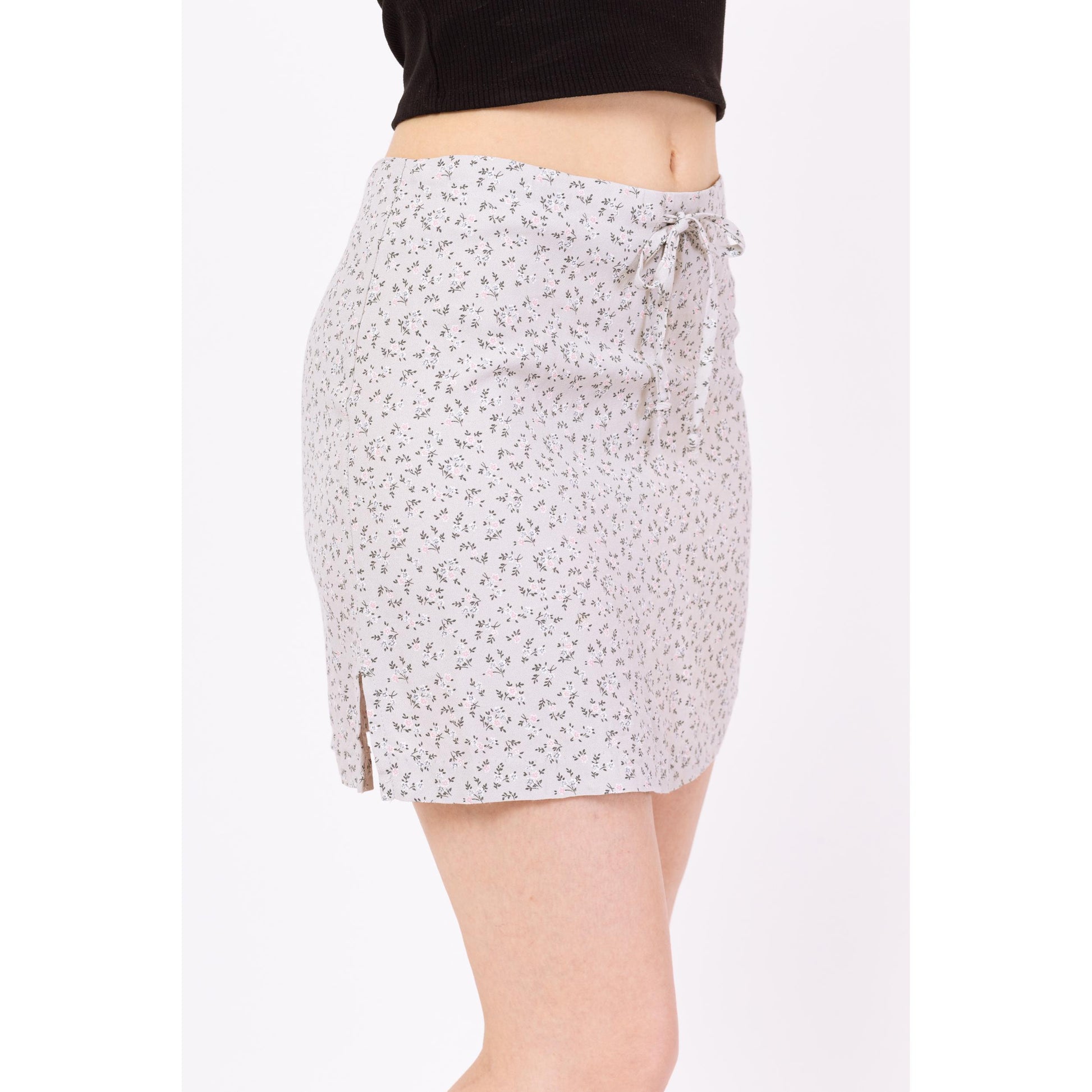 Vintage 90s Ditsy Floral Mini Skirt - Small | Grey Calico Print Drawstring Waist Fitted Miniskirt