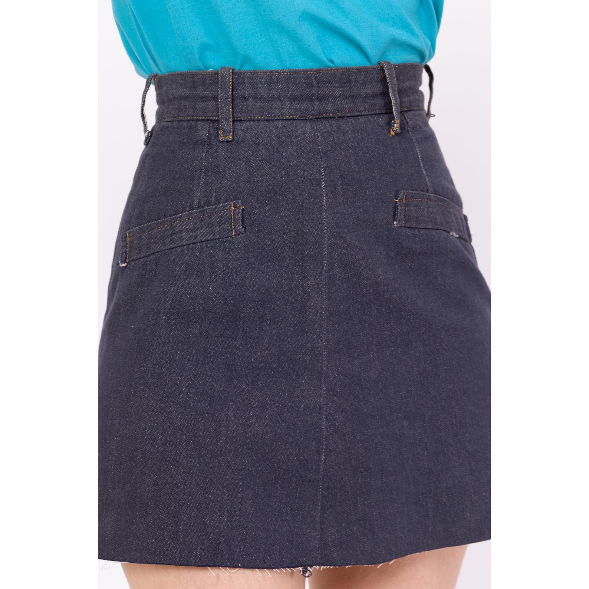 Vintage 70s Denim A Line Mini Skirt - Extra Small, 24" Waist | Boho Dark Wash Cut Off Jean Skirt