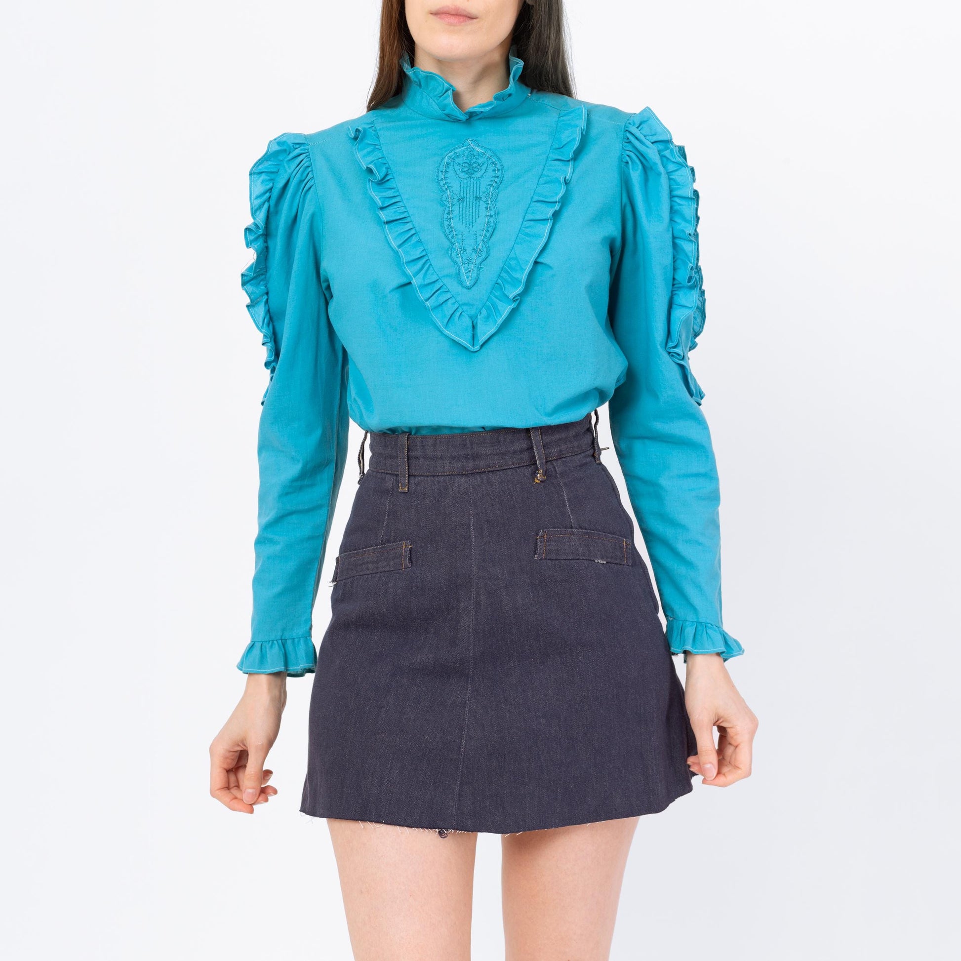 Vintage 70s Denim A Line Mini Skirt - Extra Small, 24" Waist | Boho Dark Wash Cut Off Jean Skirt