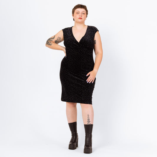 Vintage 90s Starry Night Black Velvet Sparkle Party Dress - Large | V Neck Cap Sleeve Fitted Midi Wrap Cocktail Dress