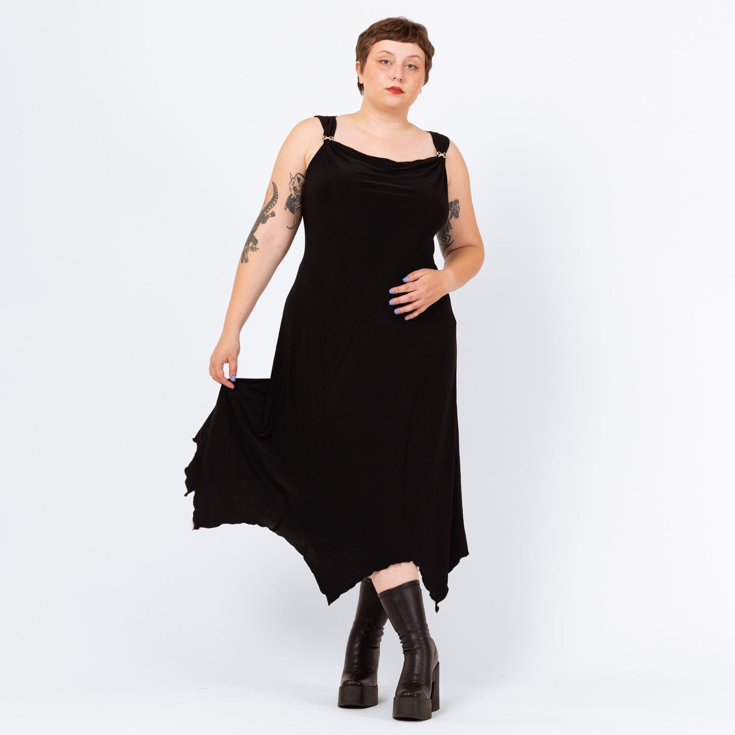 Vintage 90s Black Scarf Hem Witchy Maxi Dress - Large | Jeweled Strap Gothic Party Dress, Slinky Bias Cut Slip Dress