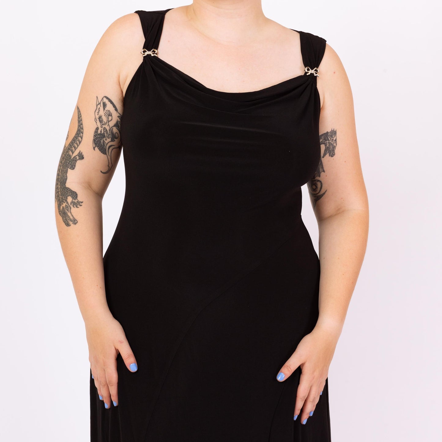Vintage 90s Black Scarf Hem Witchy Maxi Dress - Large | Jeweled Strap Gothic Party Dress, Slinky Bias Cut Slip Dress