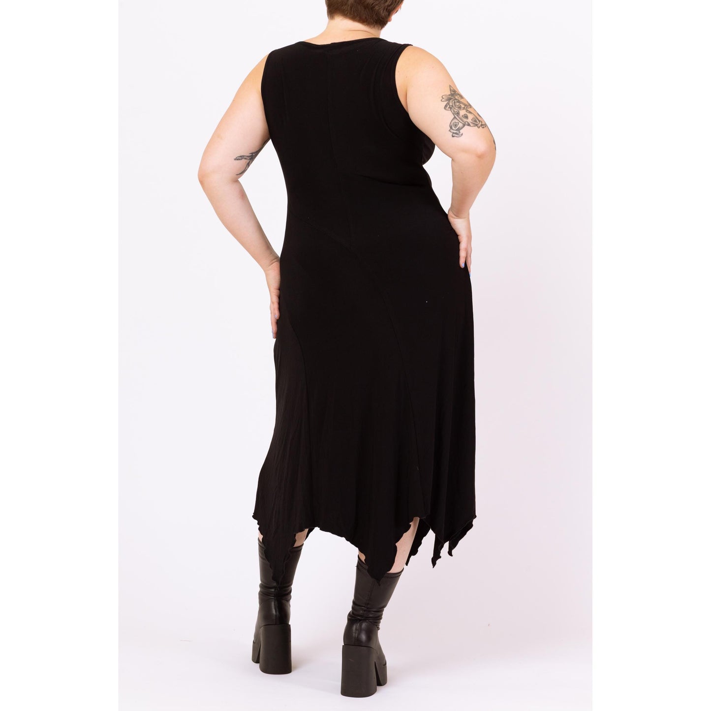 Vintage 90s Black Scarf Hem Witchy Maxi Dress - Large | Jeweled Strap Gothic Party Dress, Slinky Bias Cut Slip Dress