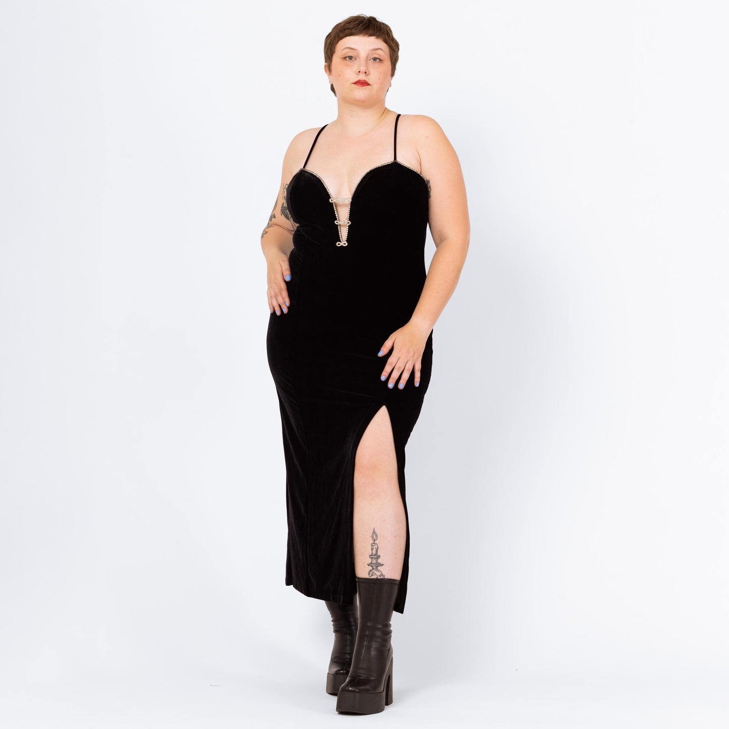 Vintage 90s Black Velvet Rhinestone Trim Low Cut Gown - Large to XL | Sexy Deep V Neck Spaghetti Strap Bodycon Maxi Formal Party Dress