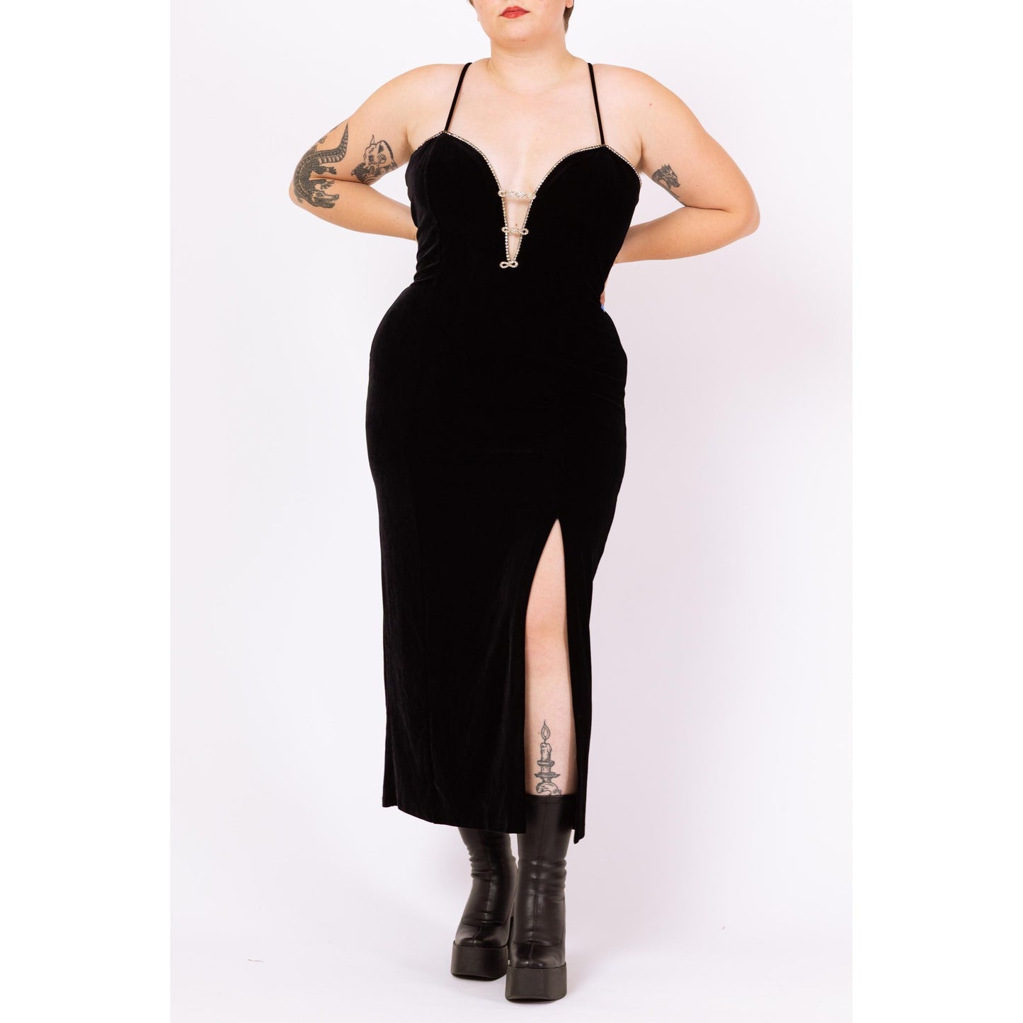 Vintage 90s Black Velvet Rhinestone Trim Low Cut Gown - Large to XL | Sexy Deep V Neck Spaghetti Strap Bodycon Maxi Formal Party Dress