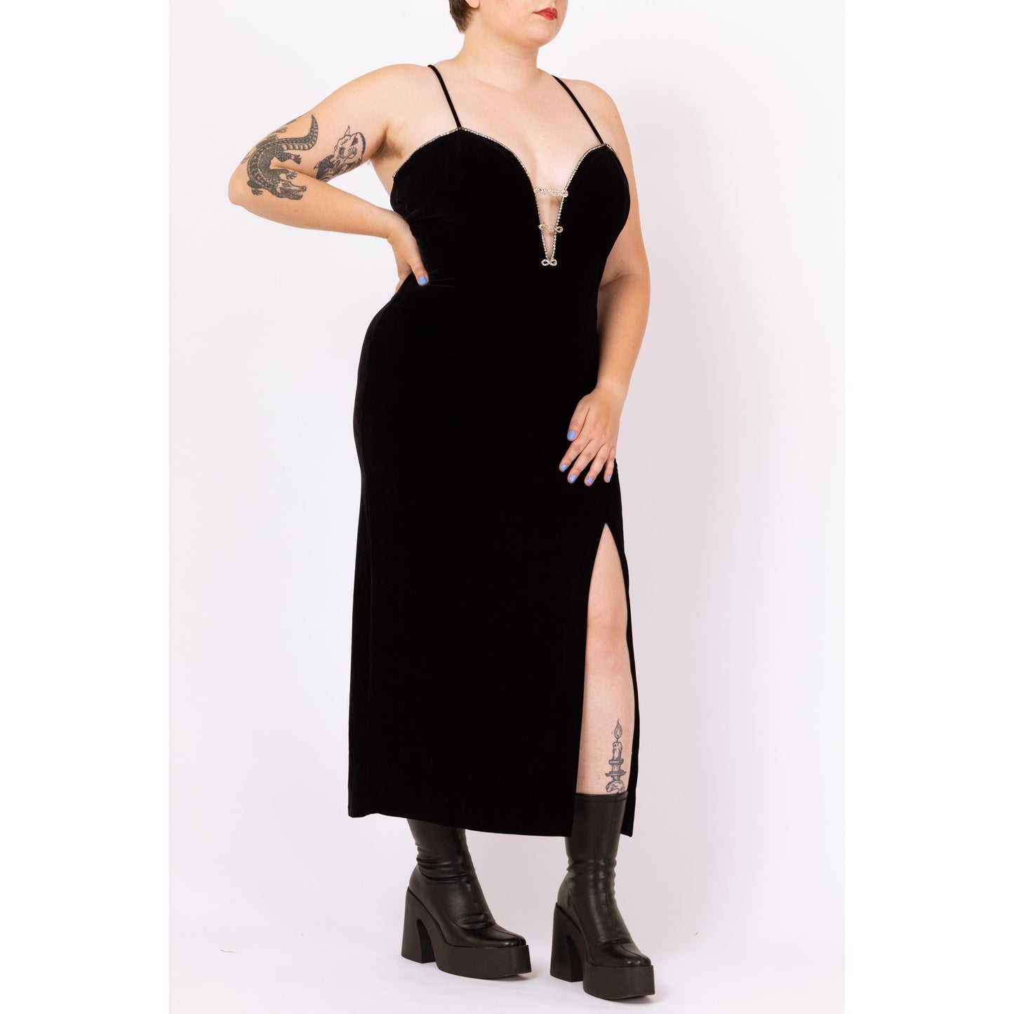 Vintage 90s Black Velvet Rhinestone Trim Low Cut Gown - Large to XL | Sexy Deep V Neck Spaghetti Strap Bodycon Maxi Formal Party Dress