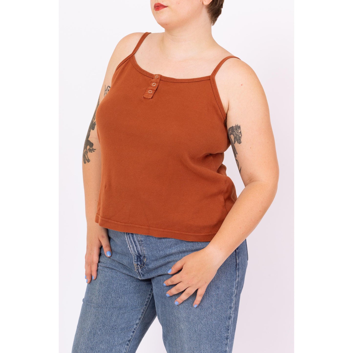 Vintage 90s Rust Brown Henley Cami Tank - Extra Large | Cotton Sleeveless Spaghetti Strap Crop Top, Minimalist Layering Shirt