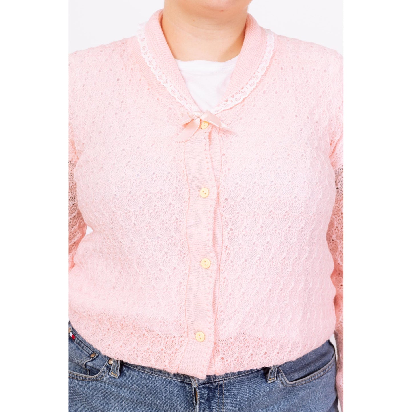 Vintage 80s Pastel Pink Lace Trim Cardigan - Large | Soft Eyelet Knit Button Up Girly Sweater, Cottagecore Coquette Aesthetic Cardigan