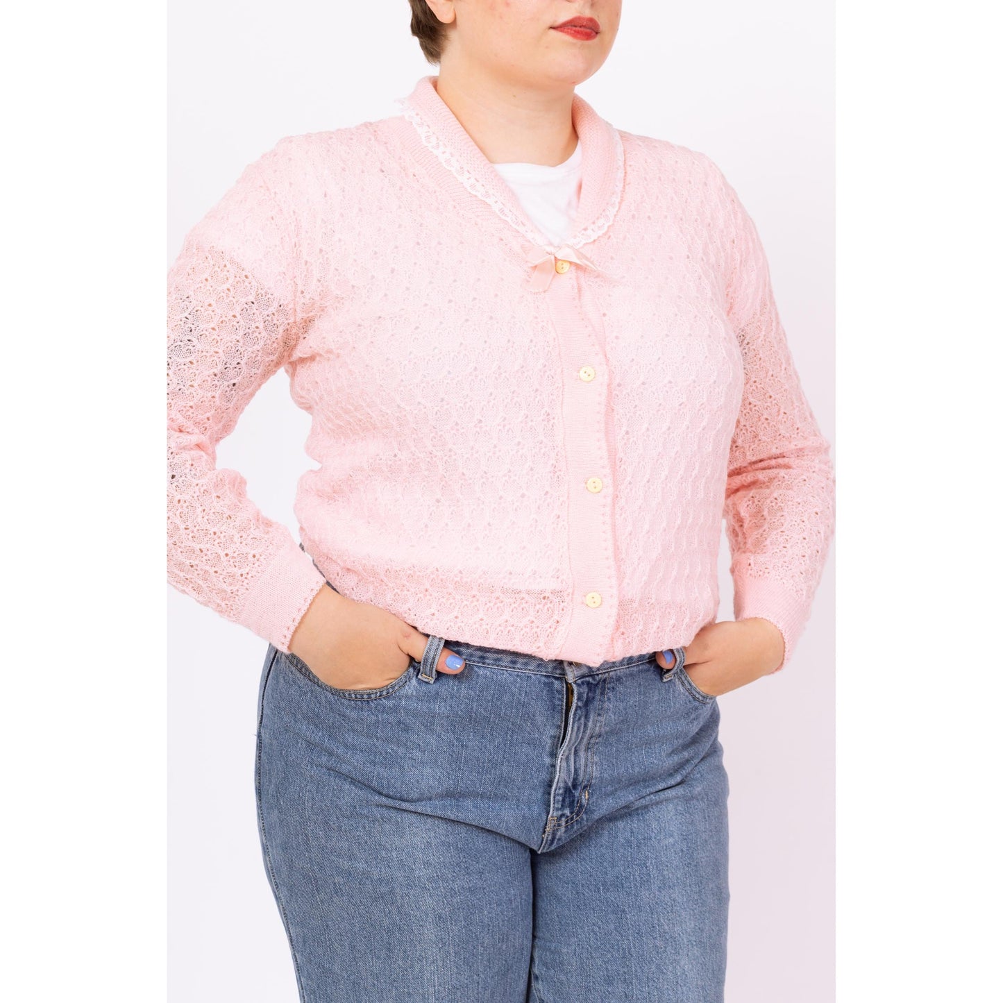 Vintage 80s Pastel Pink Lace Trim Cardigan - Large | Soft Eyelet Knit Button Up Girly Sweater, Cottagecore Coquette Aesthetic Cardigan
