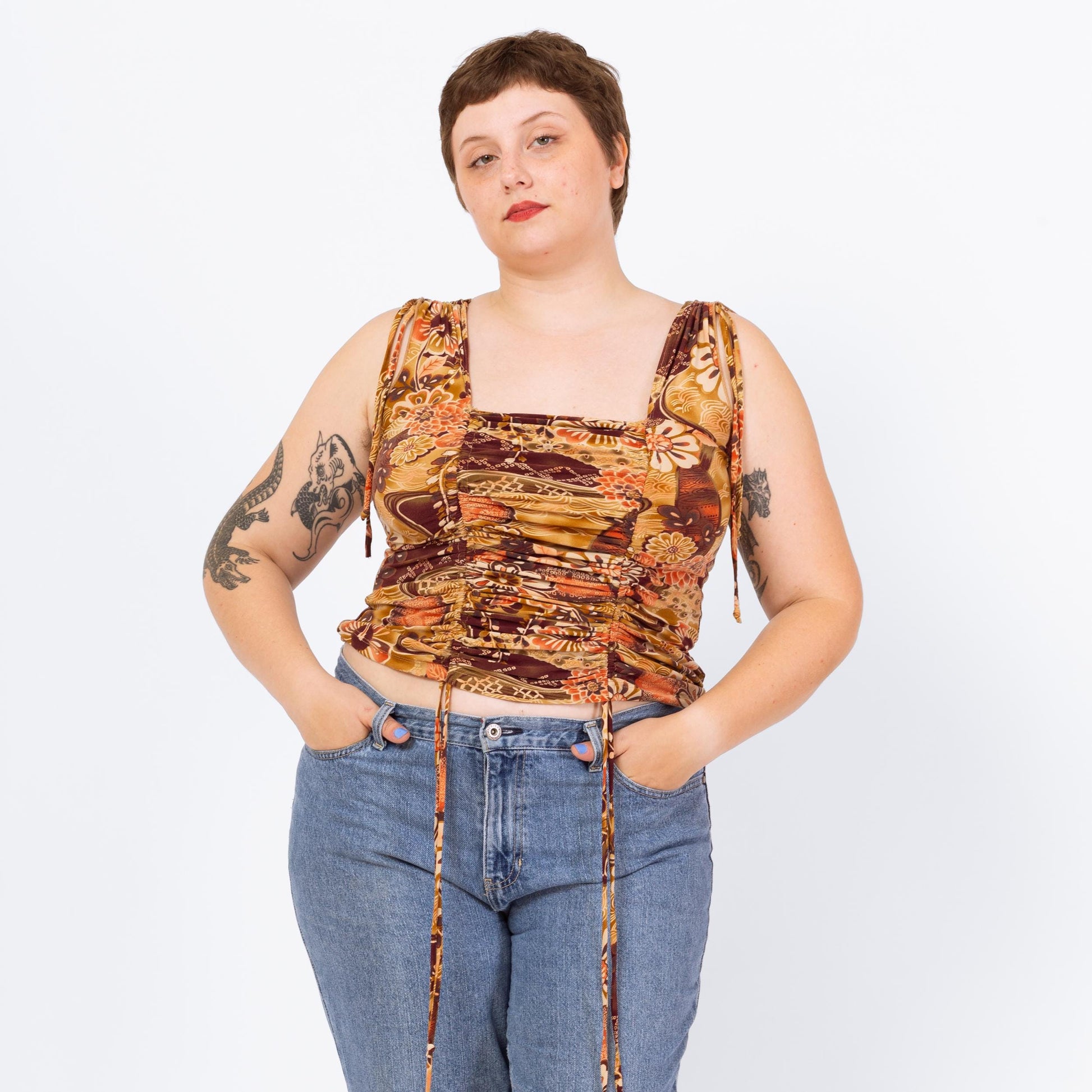 Vintage Y2K Floral Ruched Drawstring Crop Top - Large to XL | Boho 2000s Earth Tone Cropped Tank, Stretchy Square Neck Sleeveless Shirt