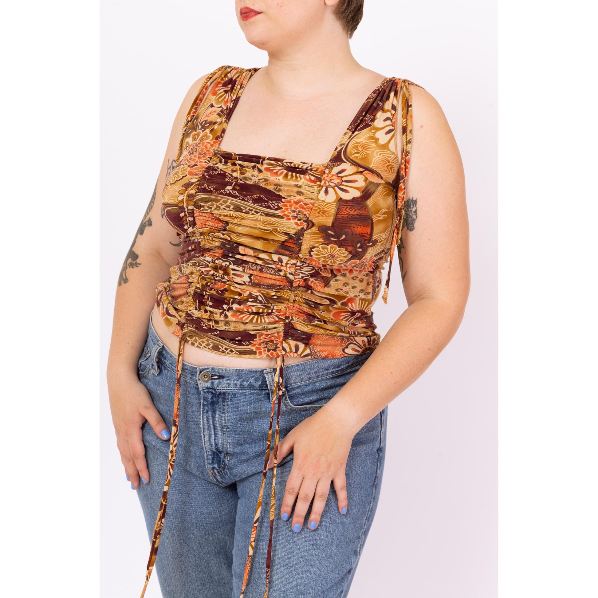 Vintage Y2K Floral Ruched Drawstring Crop Top - Large to XL | Boho 2000s Earth Tone Cropped Tank, Stretchy Square Neck Sleeveless Shirt
