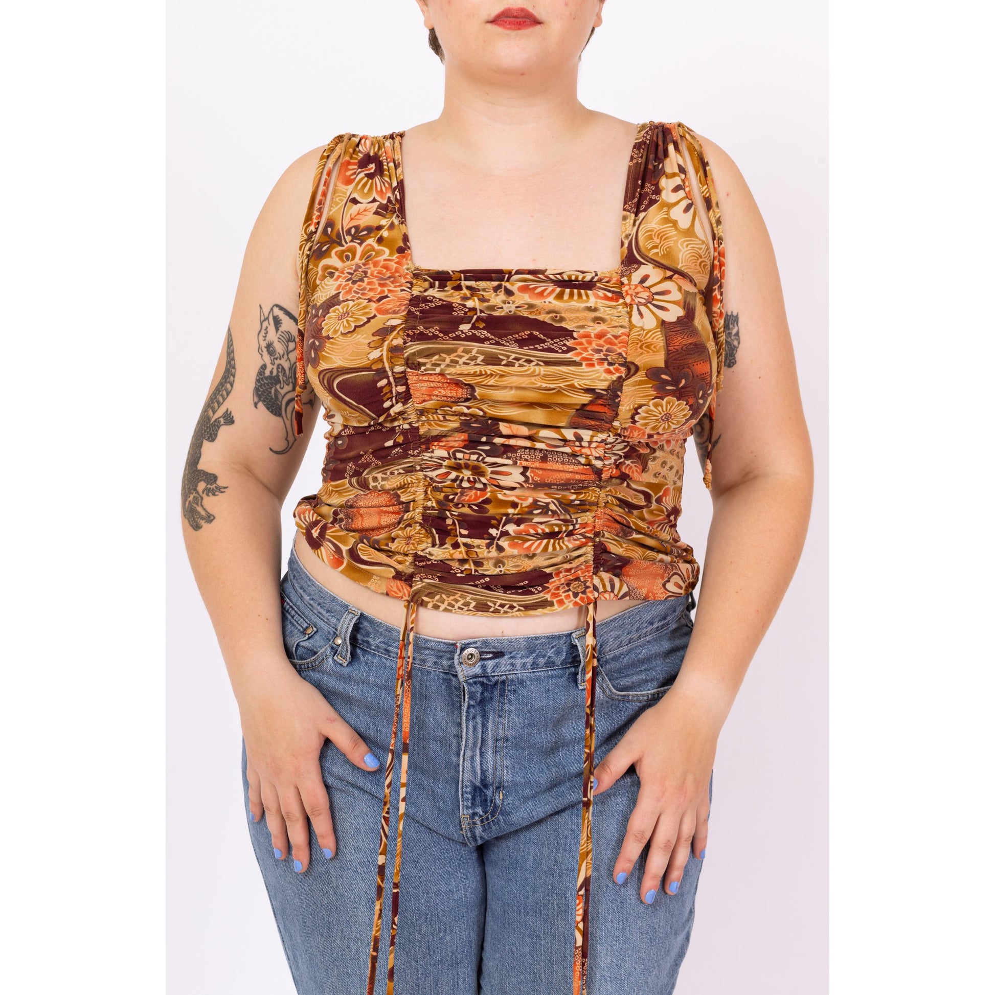 Vintage Y2K Floral Ruched Drawstring Crop Top - Large to XL | Boho 2000s Earth Tone Cropped Tank, Stretchy Square Neck Sleeveless Shirt